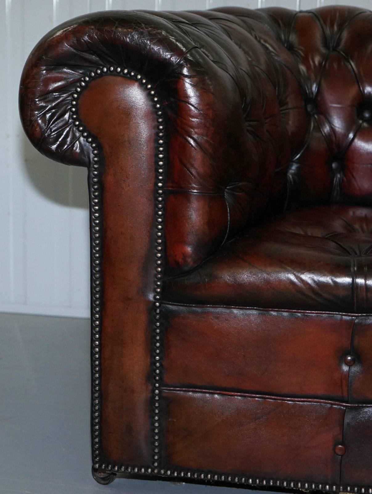 Hand-Carved Restored 1940s Chesterfield Hand Dyed Aged Leather Gentleman's Club Sofa
