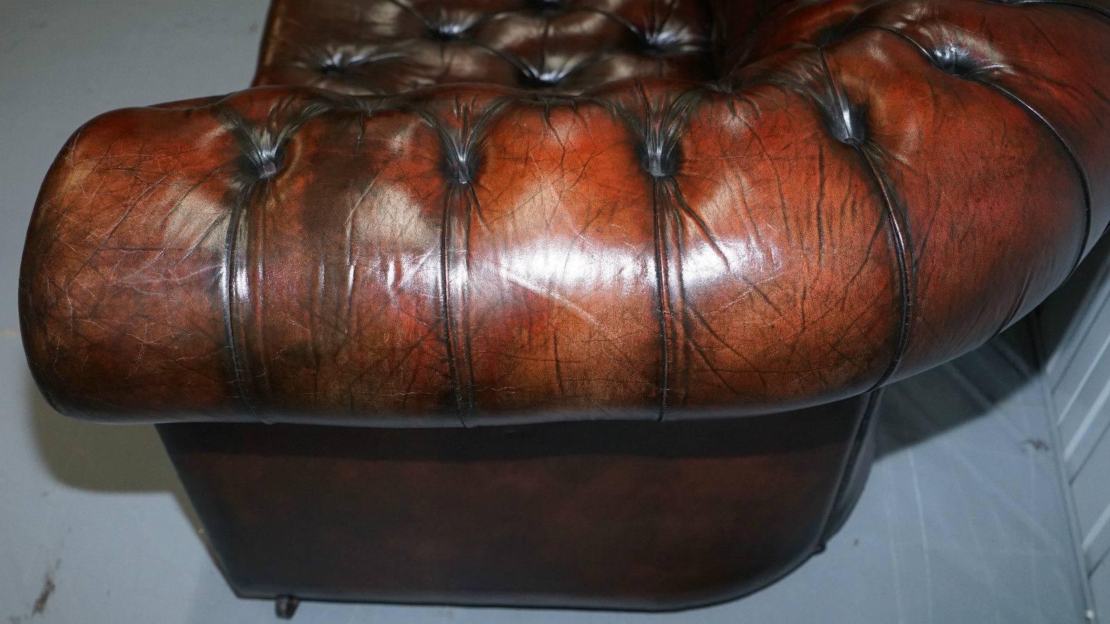Restored 1940s Chesterfield Hand Dyed Aged Leather Gentleman's Club Sofa 1