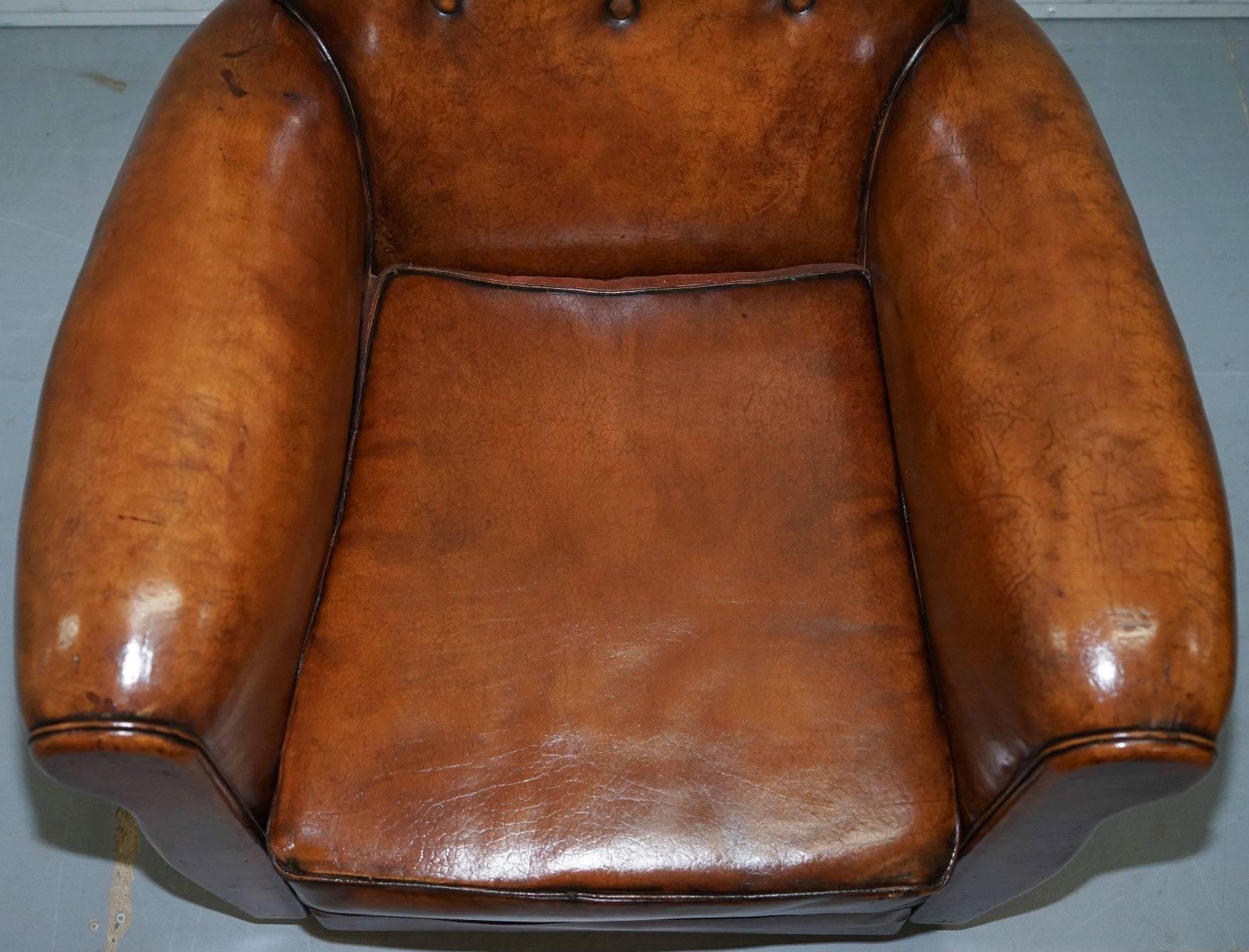 Pair of Restored Edwardian French Brown Leather Chesterfield Club Armchairs 2