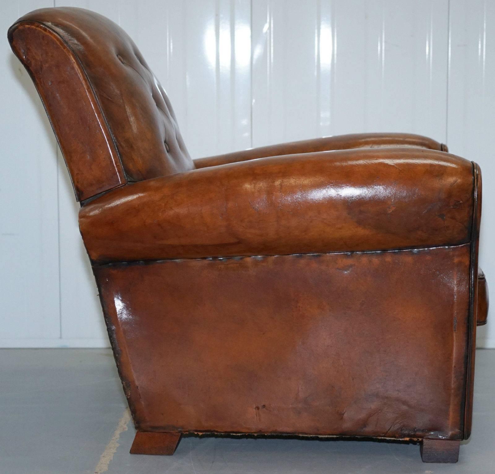 Early 20th Century Pair of Restored Edwardian French Brown Leather Chesterfield Club Armchairs