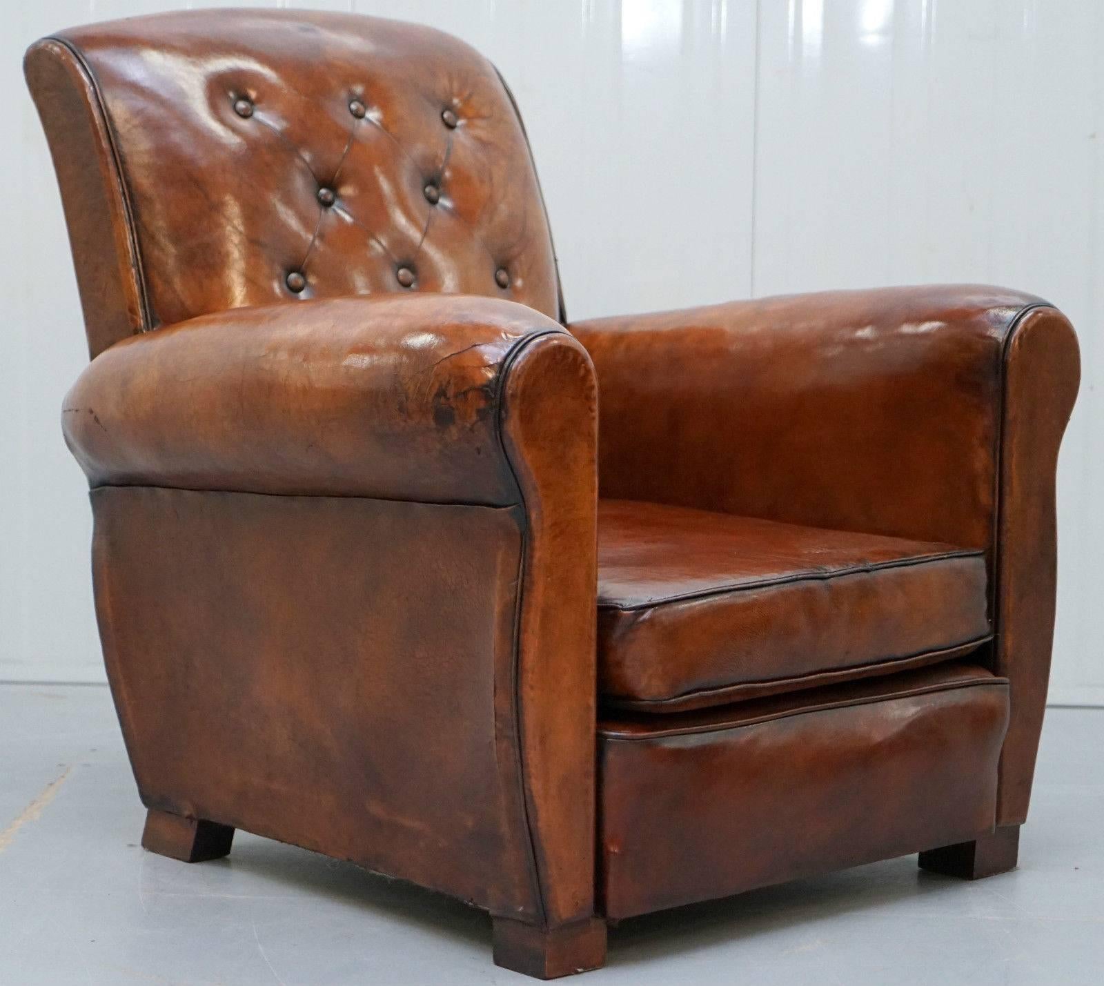 Hand-Carved Pair of Restored Edwardian French Brown Leather Chesterfield Club Armchairs