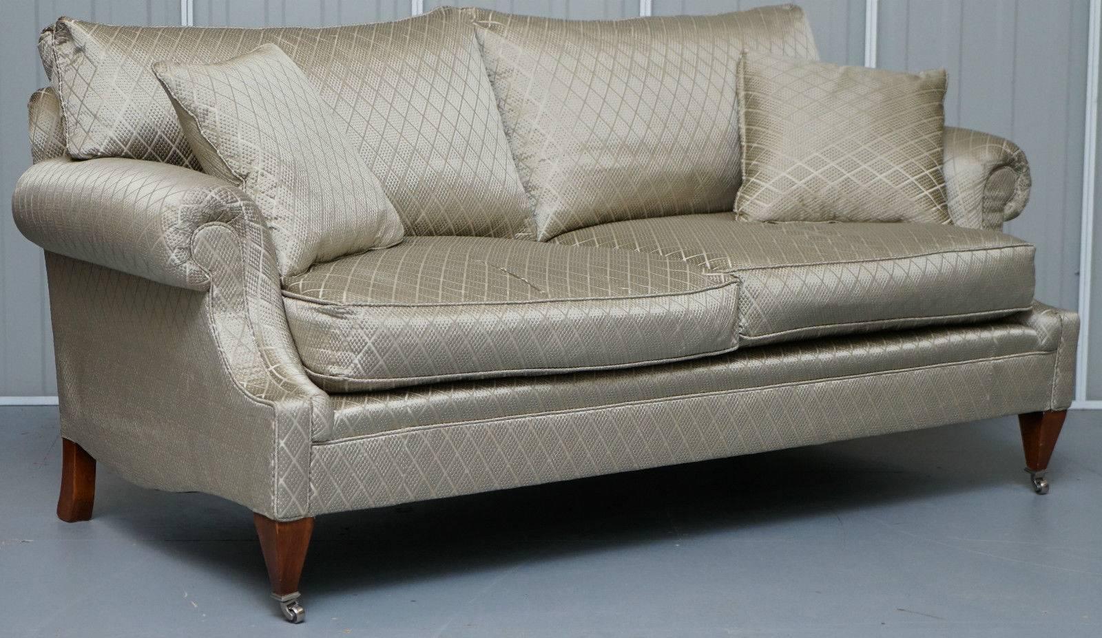 We are delighted to offer for sale this stunning this pair of stunning silk upholstered Harrods Mayfair Artistic upholstery sofas with all the original paperwork

Please note the delivery fee is just a guide, for an accurate cost please send me