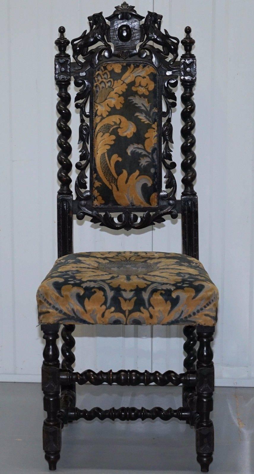 18th Century and Earlier Set of Six Hand-Carved Lion Detailed Gothic Jacobean circa 1700 Dining Chairs