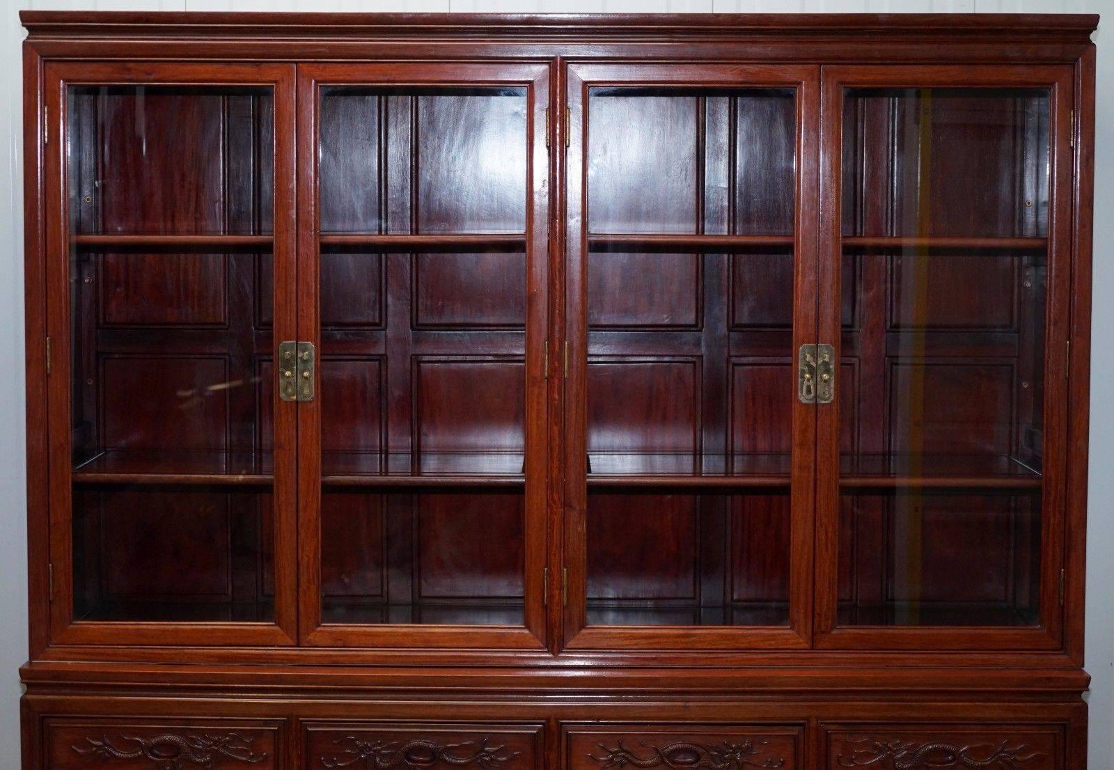 Contemporary Rare Chinese Dragon Carved Solid Rosewood Vintage Welsh Dresser Bookcase Cabinet