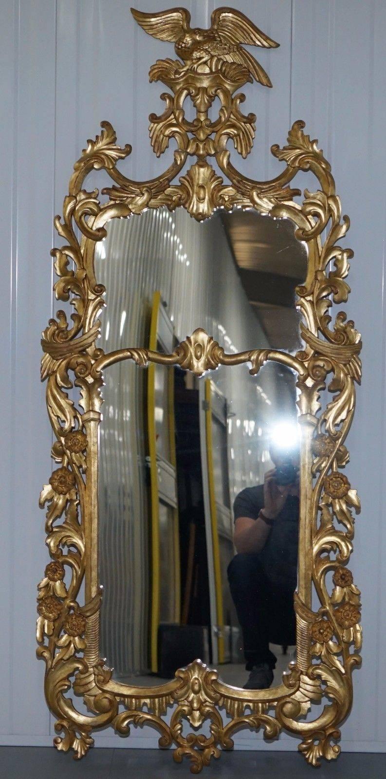 Great Britain (UK) Pair of Antique Chippendale Style Gold Leaf Solid Wood Hand Bird Carved Mirrors