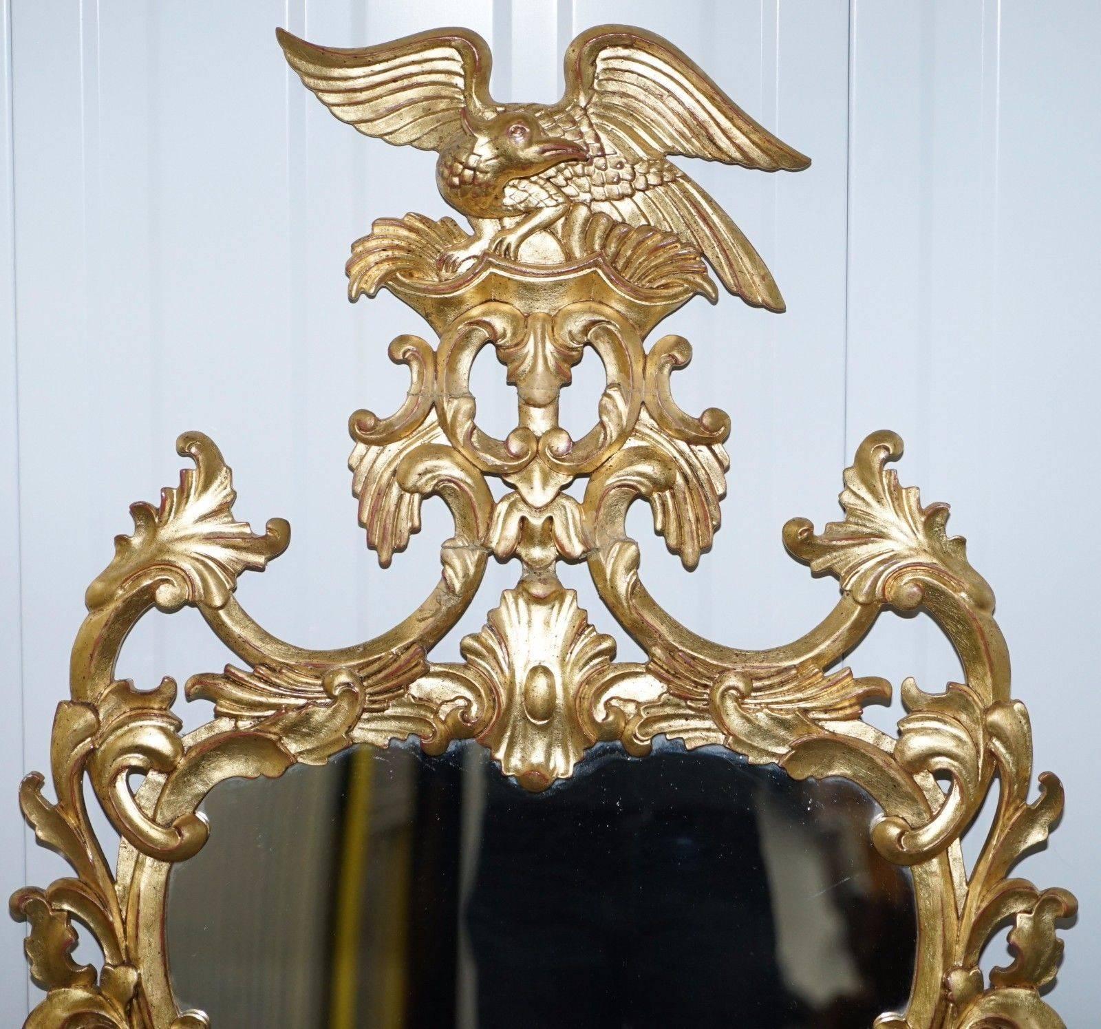 Hand-Carved Pair of Antique Chippendale Style Gold Leaf Solid Wood Hand Bird Carved Mirrors