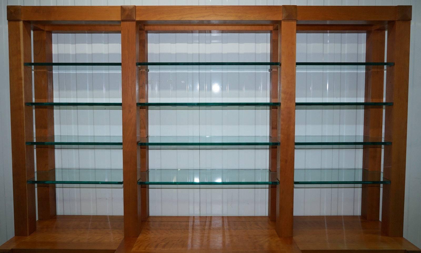 Great Britain (UK) Custom-Made One-Off Solid Cherrywood and Tempered Glass Bookcase Cabinet