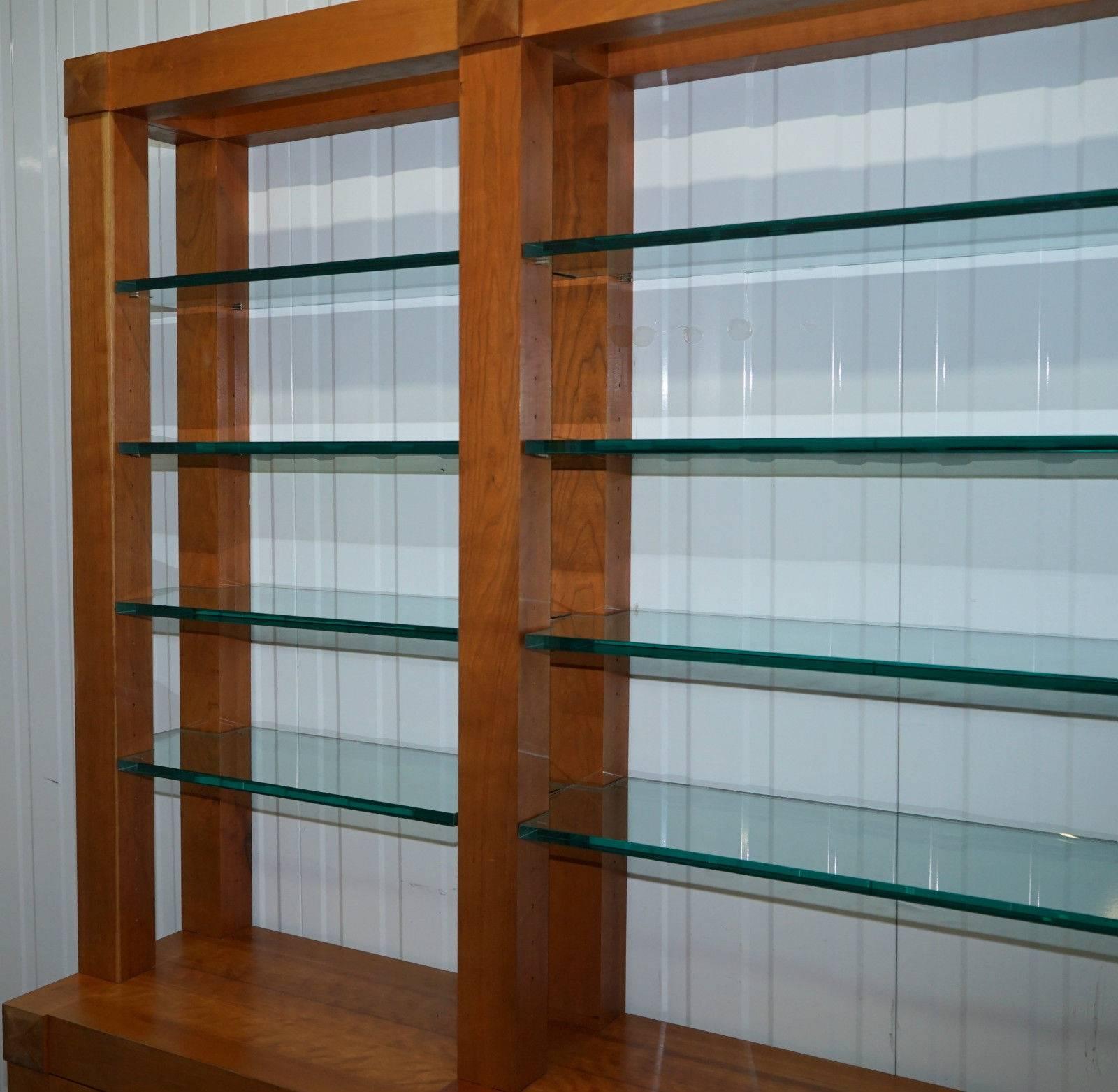 Hand-Carved Custom-Made One-Off Solid Cherrywood and Tempered Glass Bookcase Cabinet