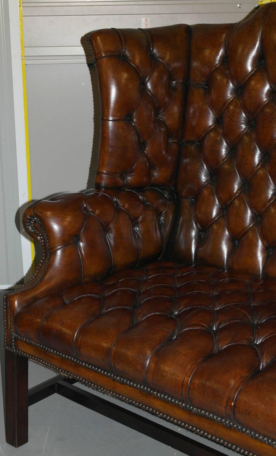 Early Victorian Geroge III style Chesterfield Hand-Dyed Wingback Leather Two Seat Sofa Settee