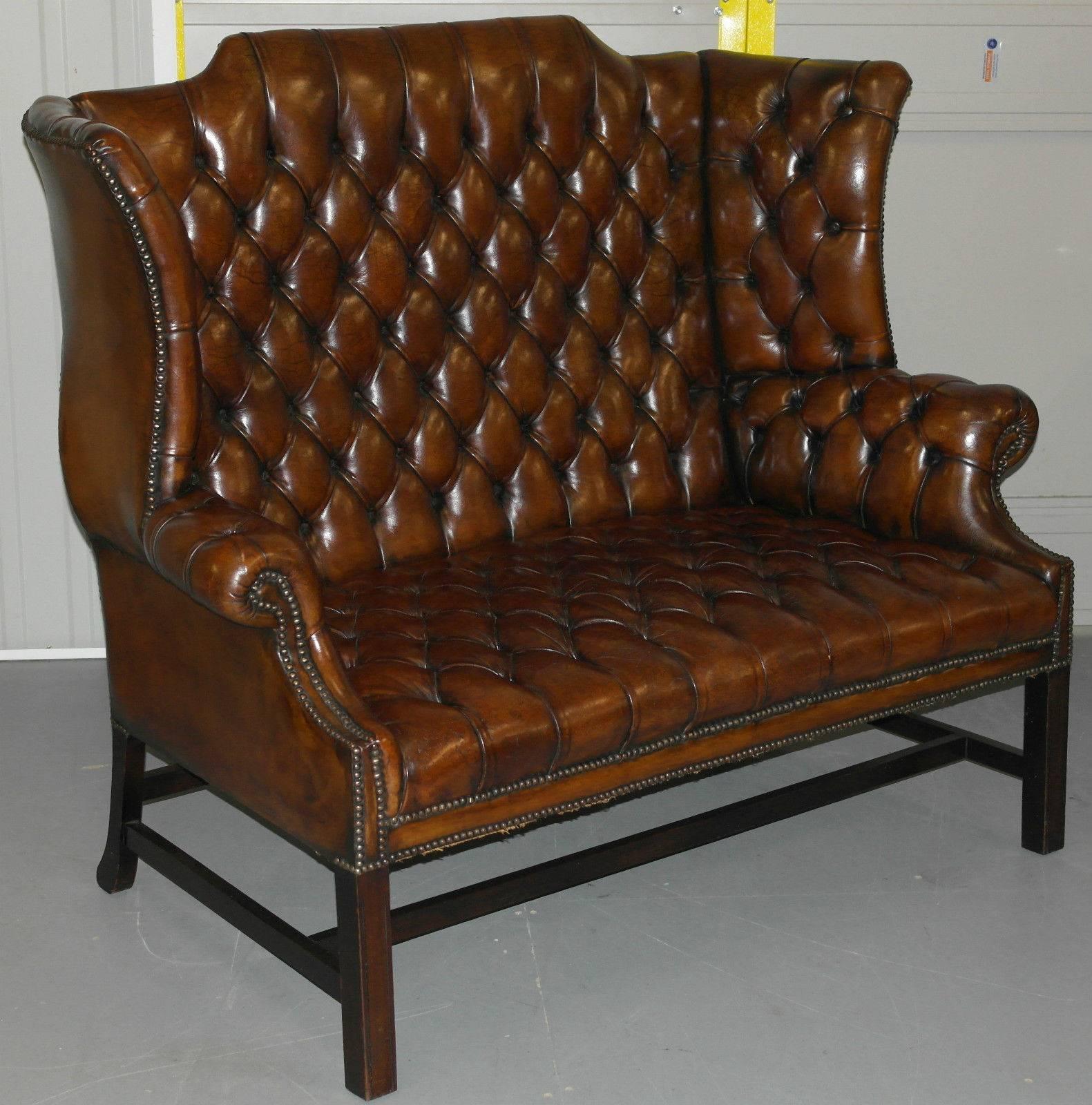 Geroge III style Chesterfield Hand-Dyed Wingback Leather Two Seat Sofa Settee 1