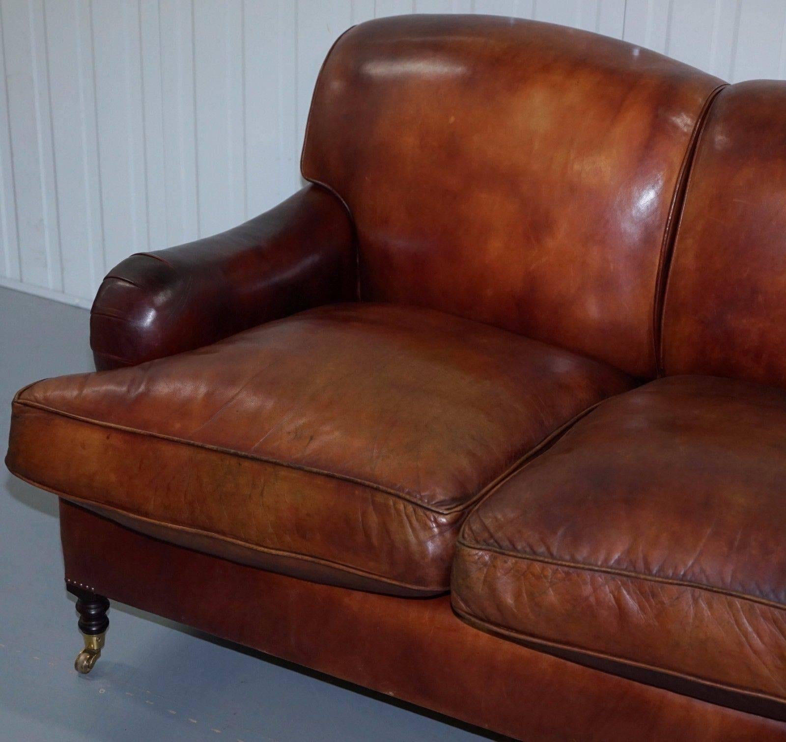 Hand-Carved George Smith Signature Howard & Son's Style Sofa Hand-Dyed Brown Leather