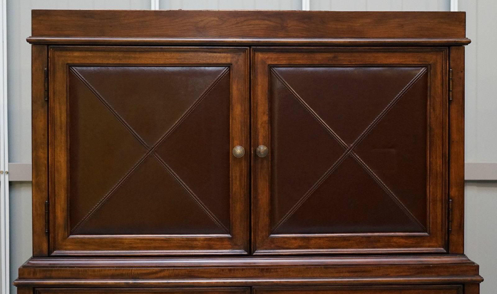 Edwardian Rare Bernhardt Leather and Mahogany Entertainment Cabinet with Drawers