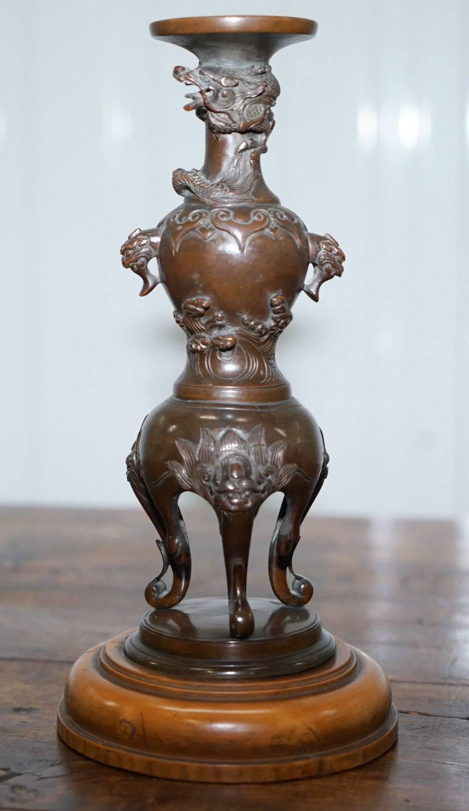 Hand-Crafted Rare Japanese Meiji Period circa 1870 Pair of Bronze Dragon Candlestick Holders For Sale
