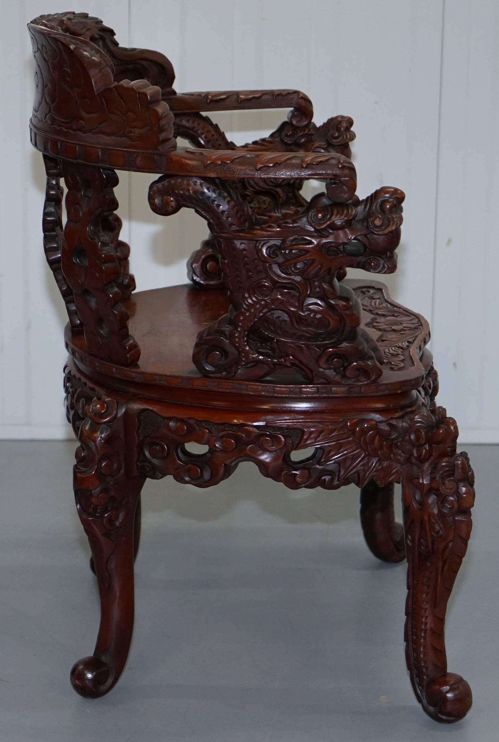 19th Century Chinese Quin Dynasty Carved Rosewood Dragon & Lion Foo Dog Armchair, circa 1870