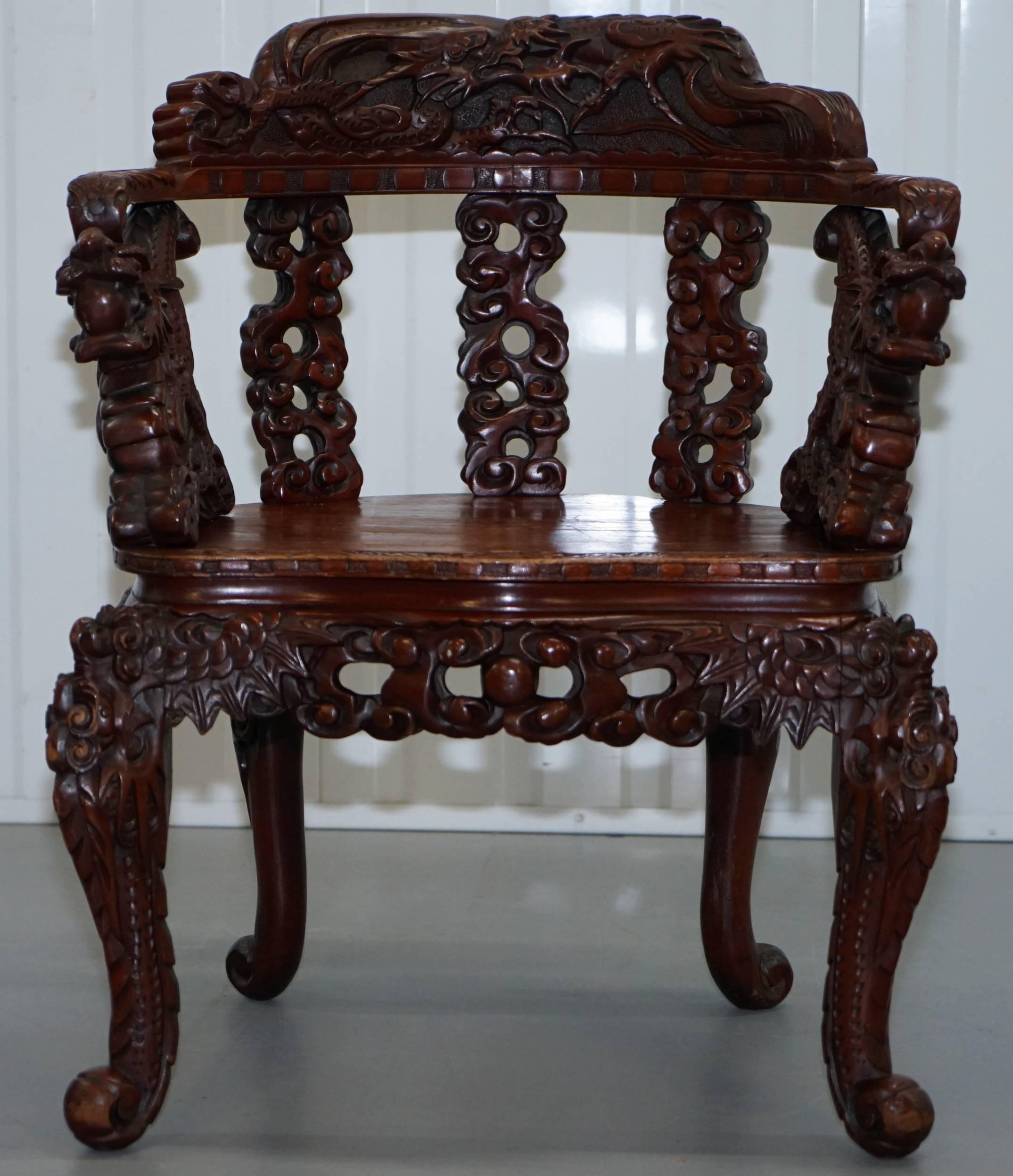 Chinese Quin Dynasty Carved Rosewood Dragon & Lion Foo Dog Armchair, circa 1870 2