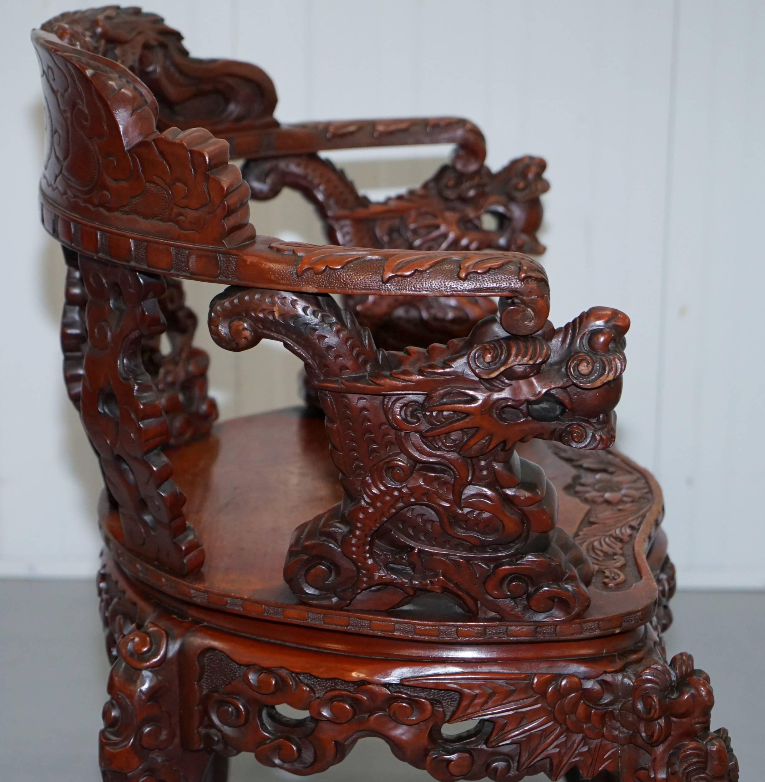 Chinese Quin Dynasty Carved Rosewood Dragon & Lion Foo Dog Armchair, circa 1870 3