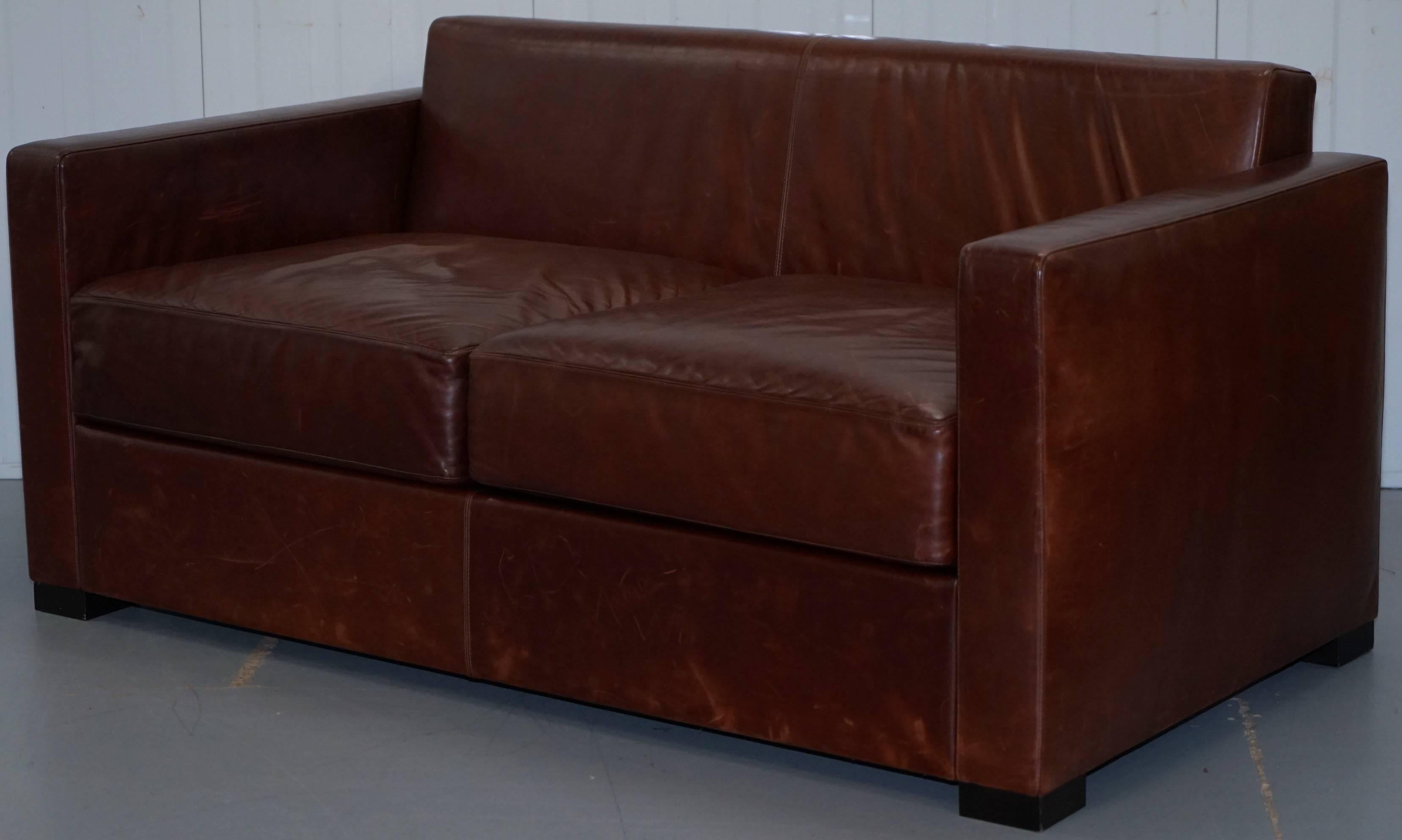 Italian Poltrona Frau Linea a Two-Seat Sofa by Peter Marino Brown Heritage Leather