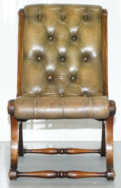Rare Framed Regency Style Chesterfield Green Leather Slipper Nursing Armchair