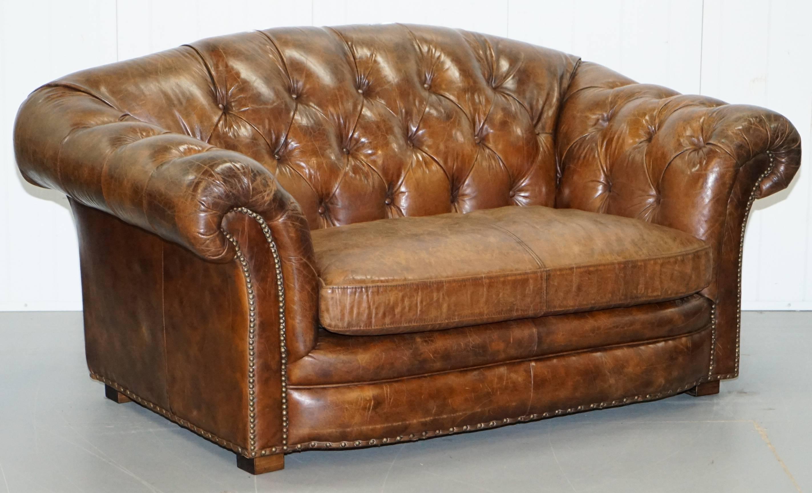 British Stunning Aged Brown Heritage Leather Two-Seat Chesterfield Sofa Nice Find