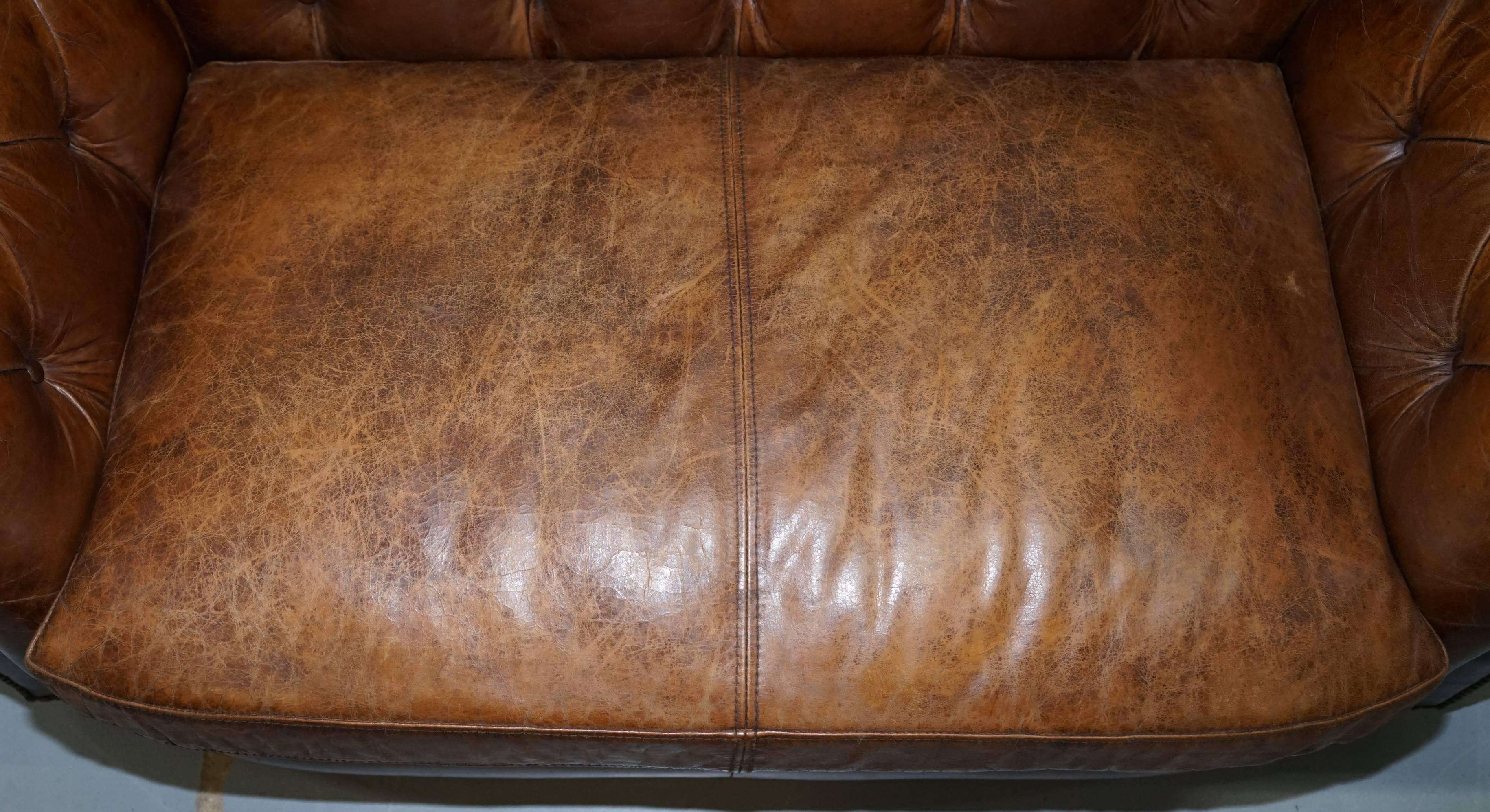 Hand-Crafted Stunning Aged Brown Heritage Leather Two-Seat Chesterfield Sofa Nice Find