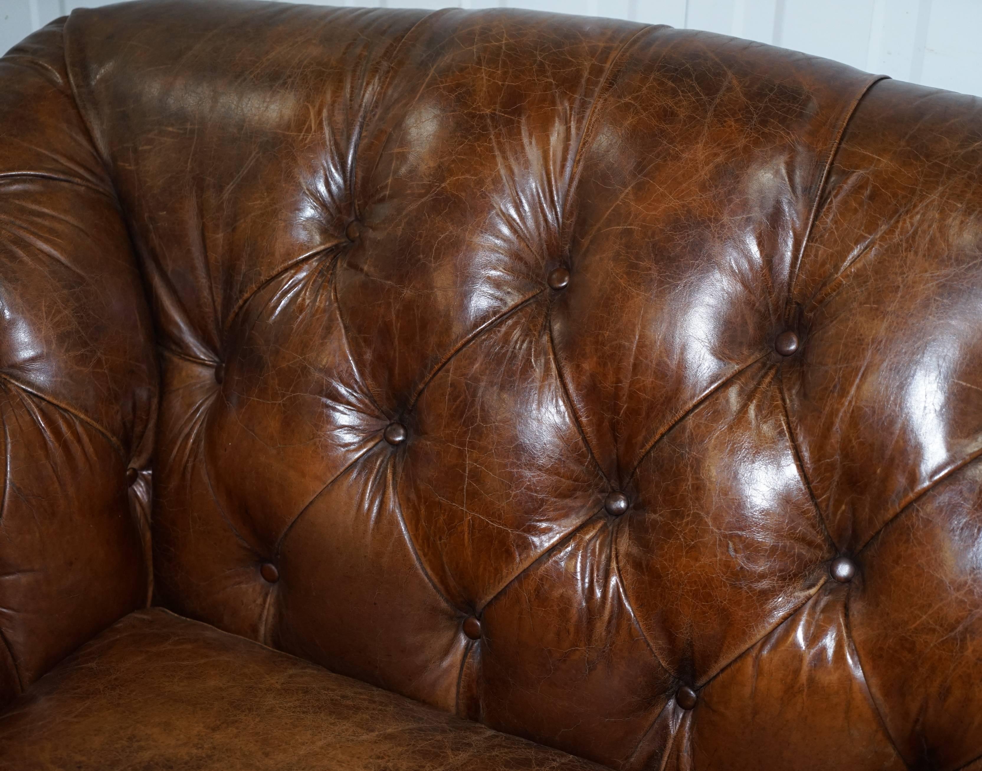 Contemporary Stunning Aged Brown Heritage Leather Two-Seat Chesterfield Sofa Nice Find