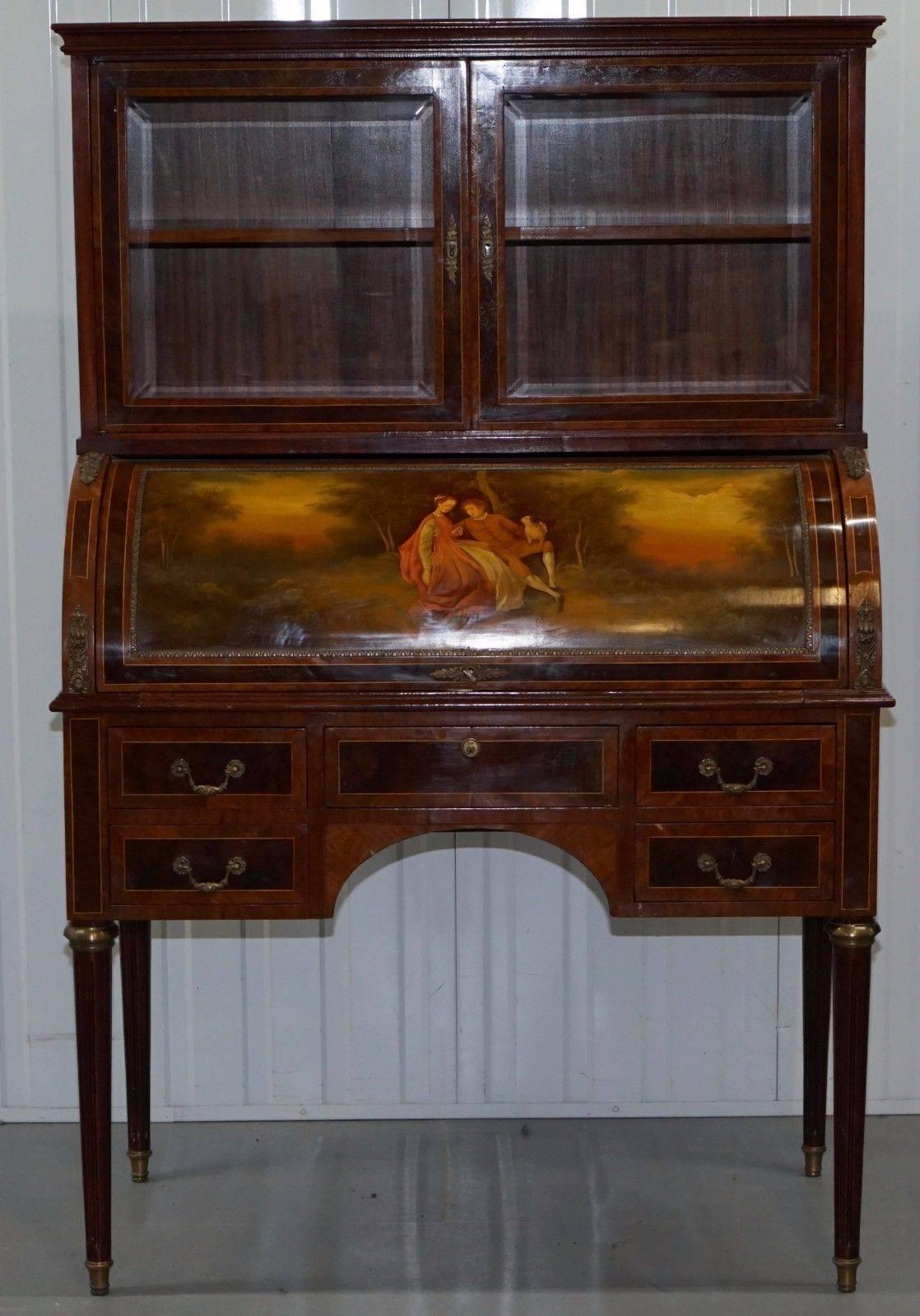 Hand-Carved Pair of French Louis XVI Neoclassical Secretaire Bookcase Desks Vernis Martin