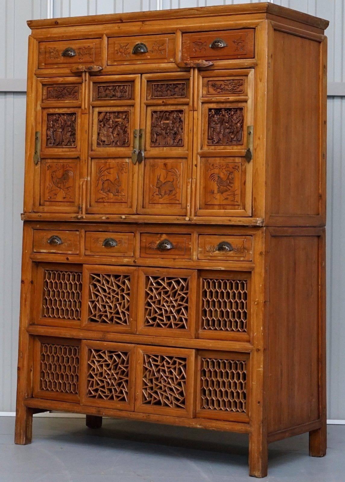 Chinese Export Original 100+ Year Old Teak Hand-Carved Chinese Cabinet with Paperwork