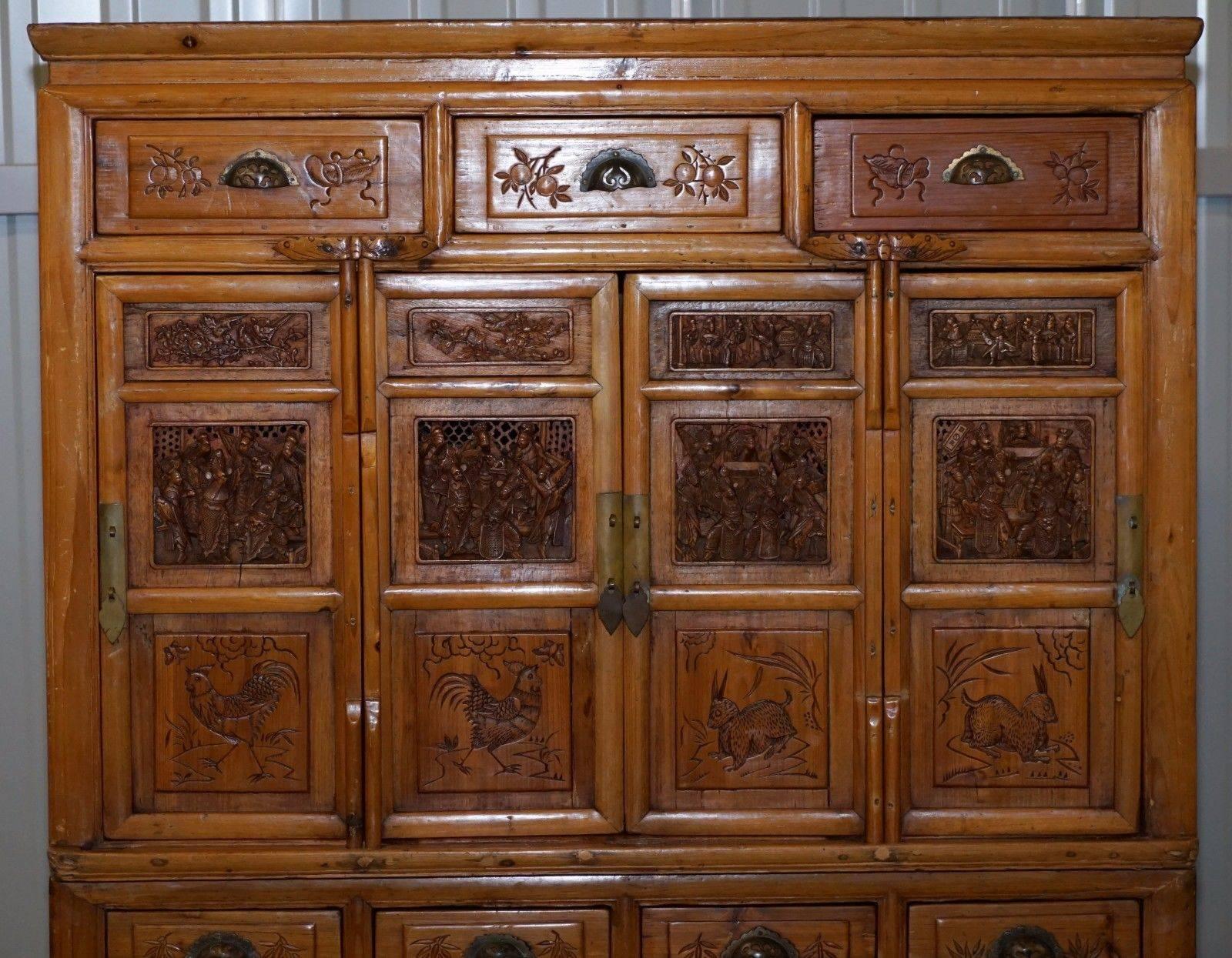 19th Century Original 100+ Year Old Teak Hand-Carved Chinese Cabinet with Paperwork