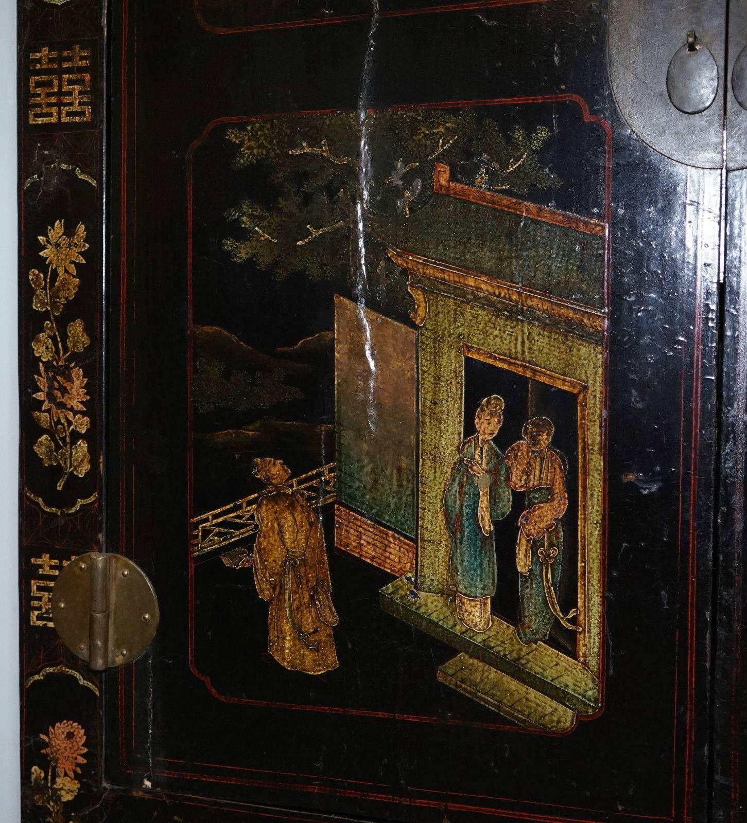 Late 19th Century Pair of Chinese Solid Teak Chinoiserie Marriage Cabinets, circa 1880