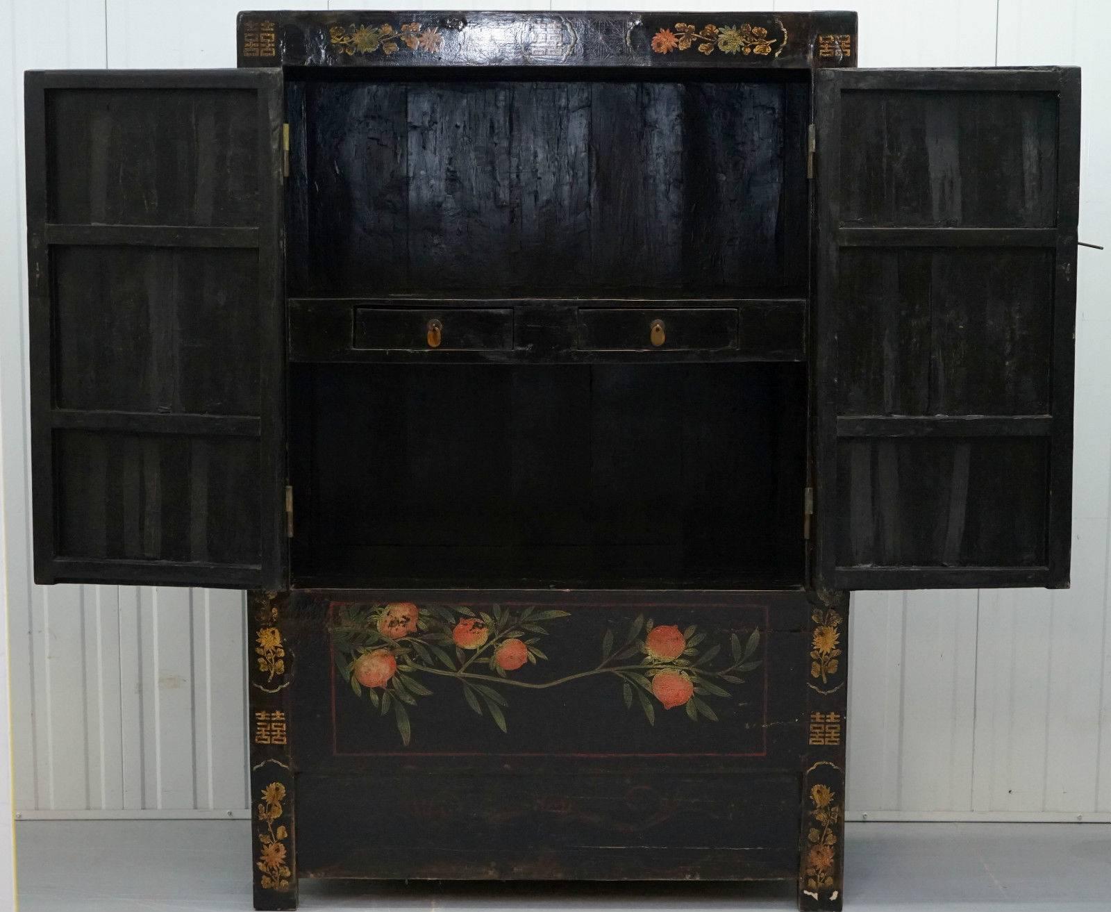 Pair of Chinese Solid Teak Chinoiserie Marriage Cabinets, circa 1880 3