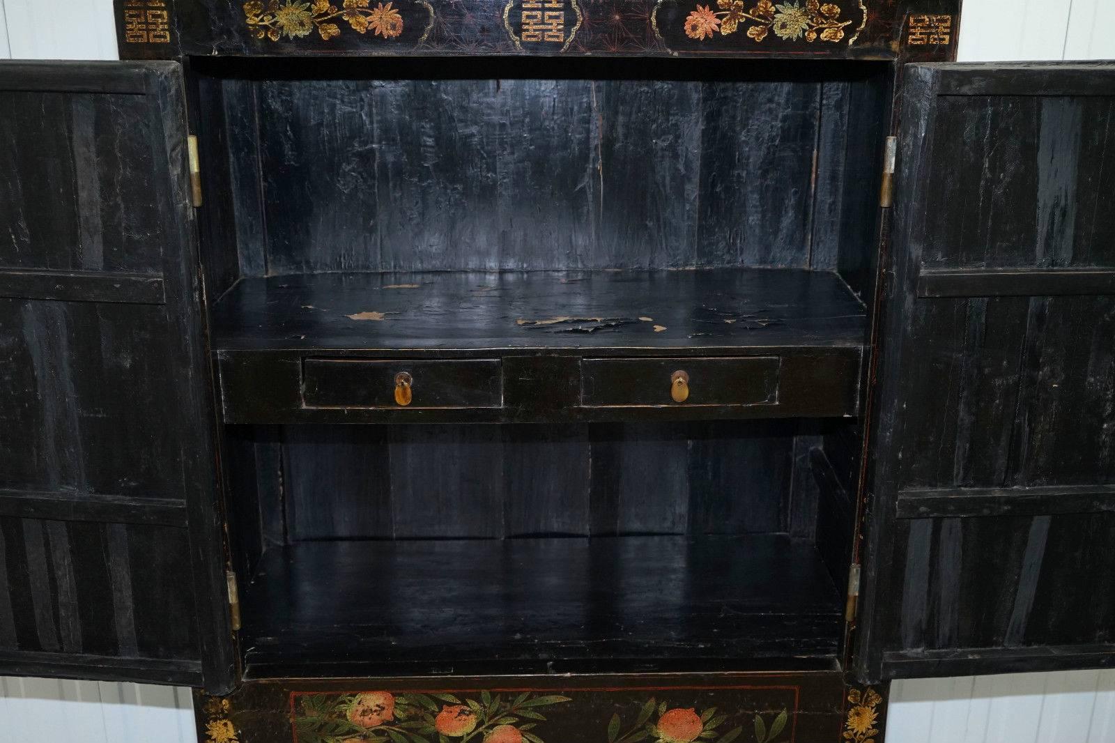 Pair of Chinese Solid Teak Chinoiserie Marriage Cabinets, circa 1880 4