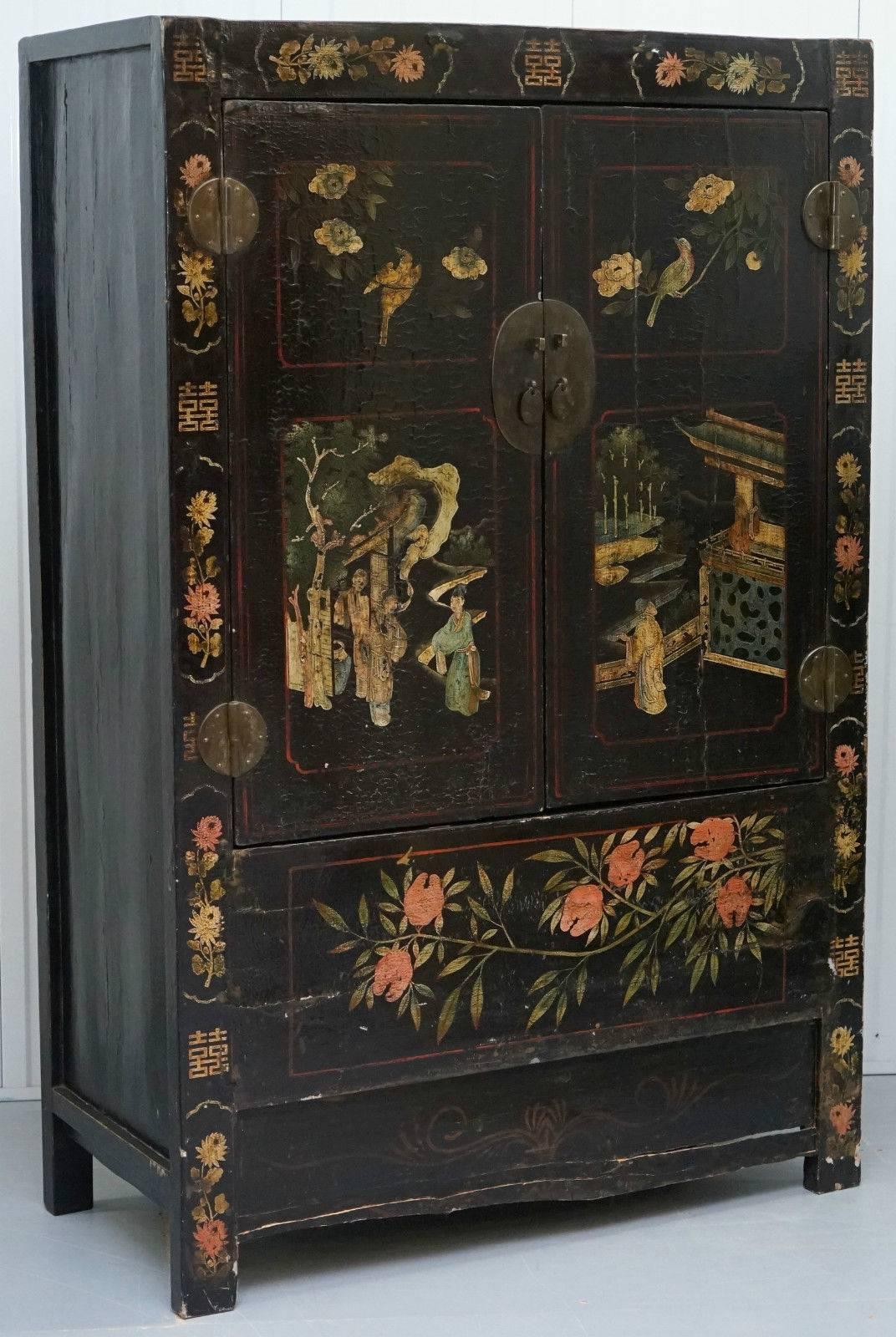 Pair of Chinese Solid Teak Chinoiserie Marriage Cabinets, circa 1880 6