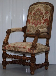 Pair of Walnut Framed Lion Head Carved Throne High Back Armchairs, circa 1870