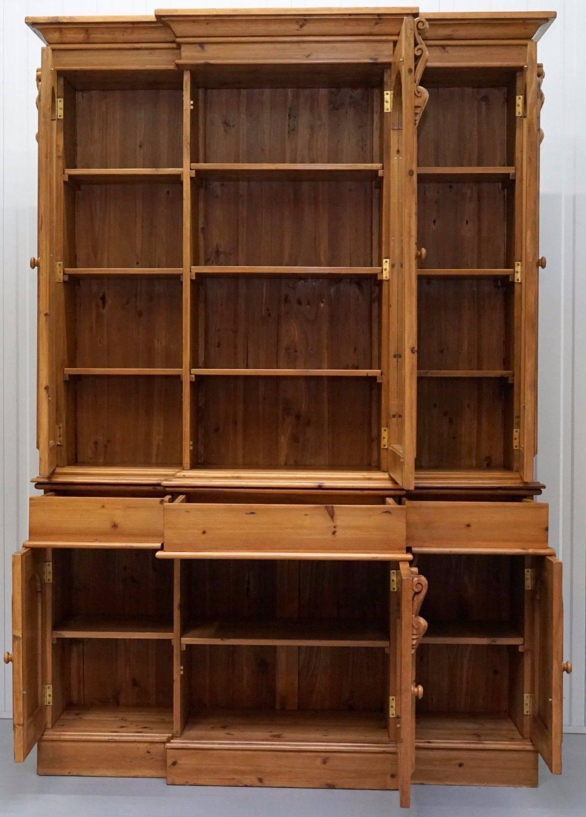 20th Century Antique English Pine Breakfront Hand-Carved Wood Welsh Bookcase Cabinet 