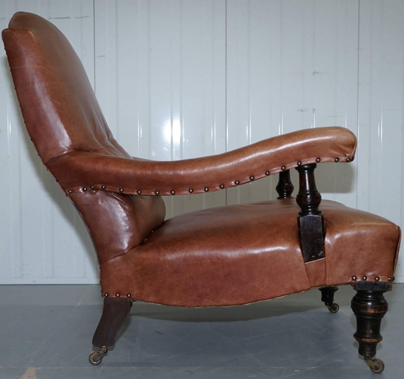 British Fully Restored Edwardian Aged Brown Leather Library Reading Armchair, circa 1900