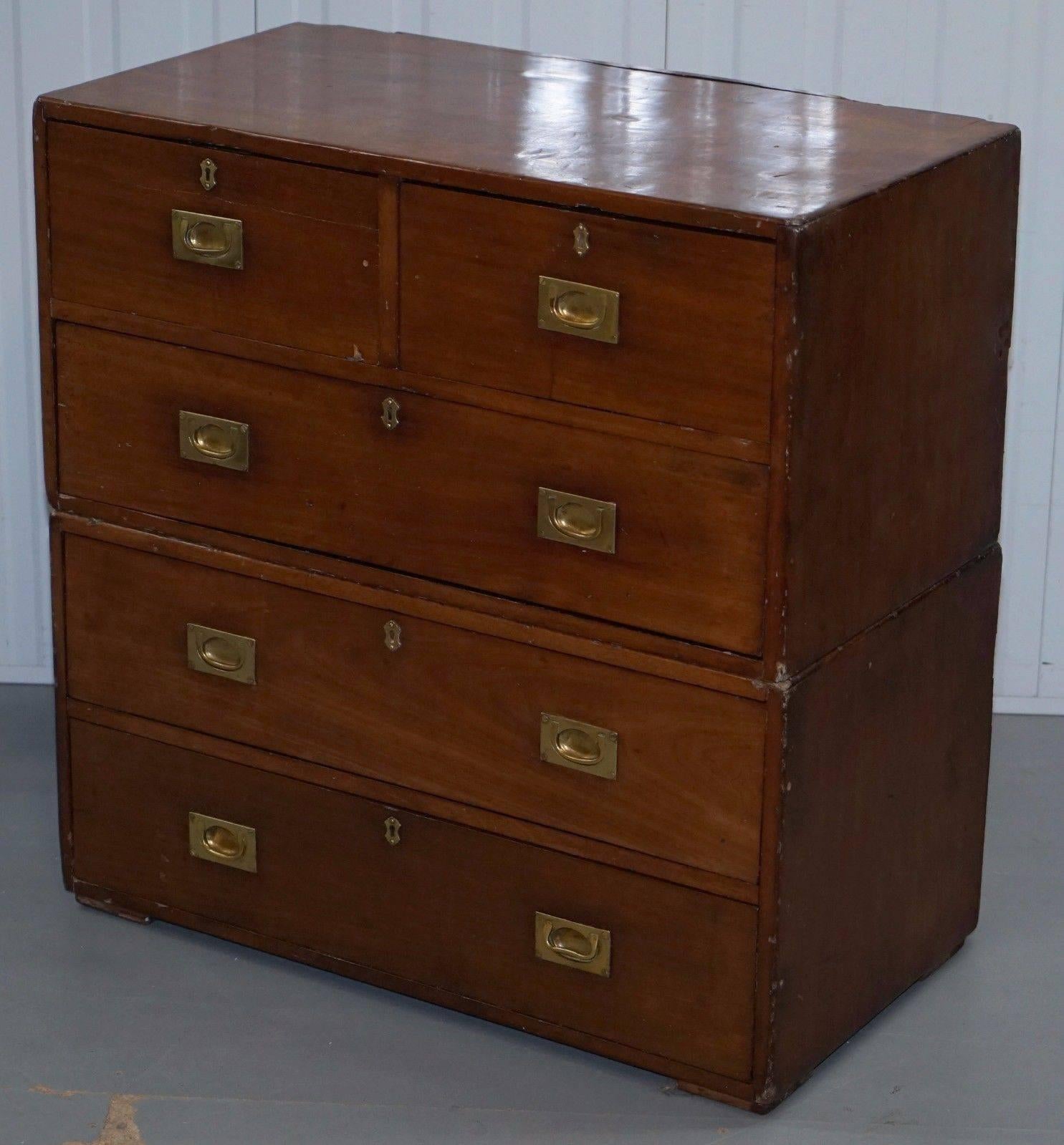 British Stunning Victorian Mahogany Antique Military Campaign Chest of Drawers Patina!