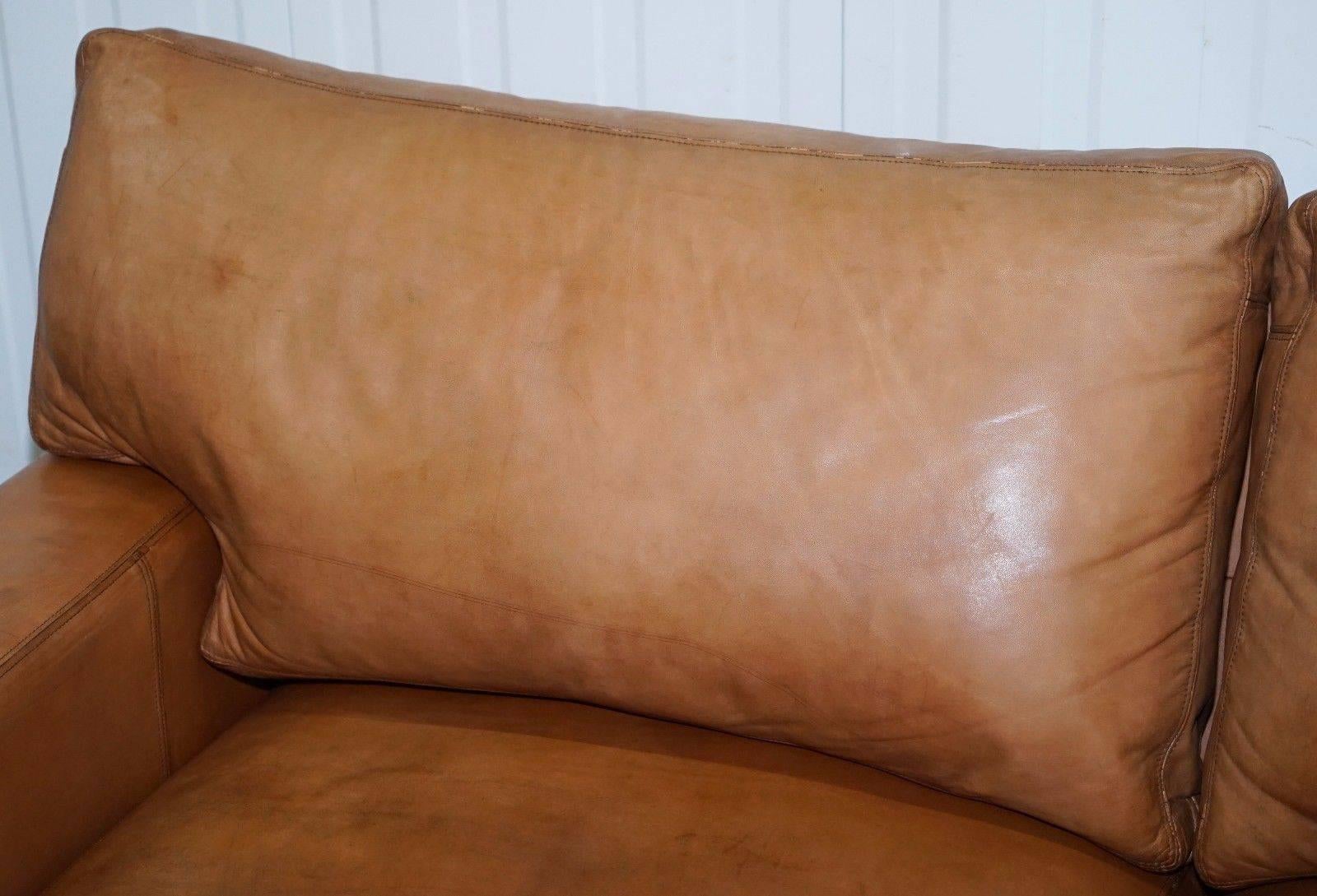Collin and Hayes Aged Brown Leather Sofa Bed with Feather Filled Cushions In Fair Condition In West Sussex, Pulborough