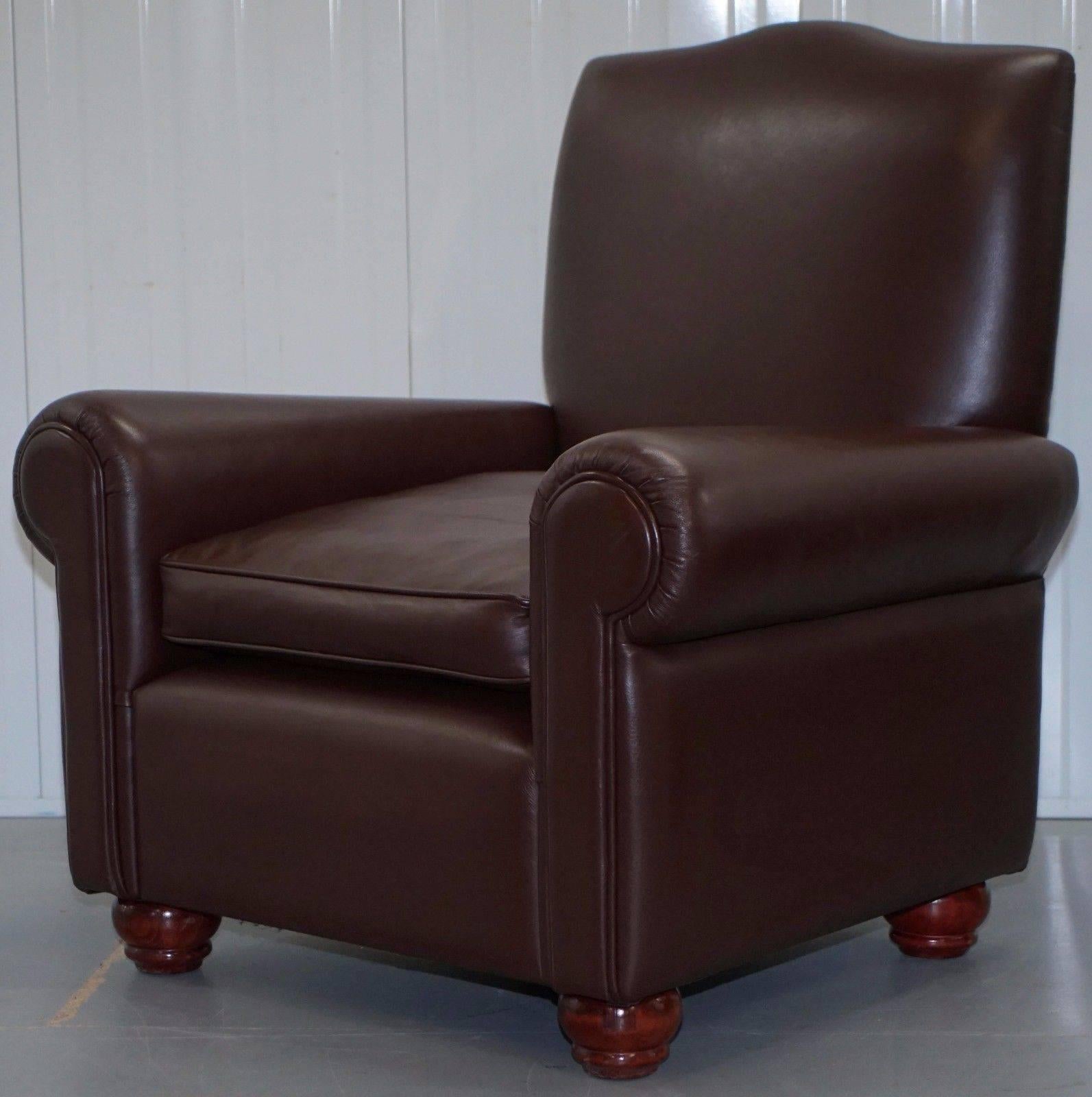 British Pair of Straight Back Luxury Duresta Brown Leather Club Armchairs