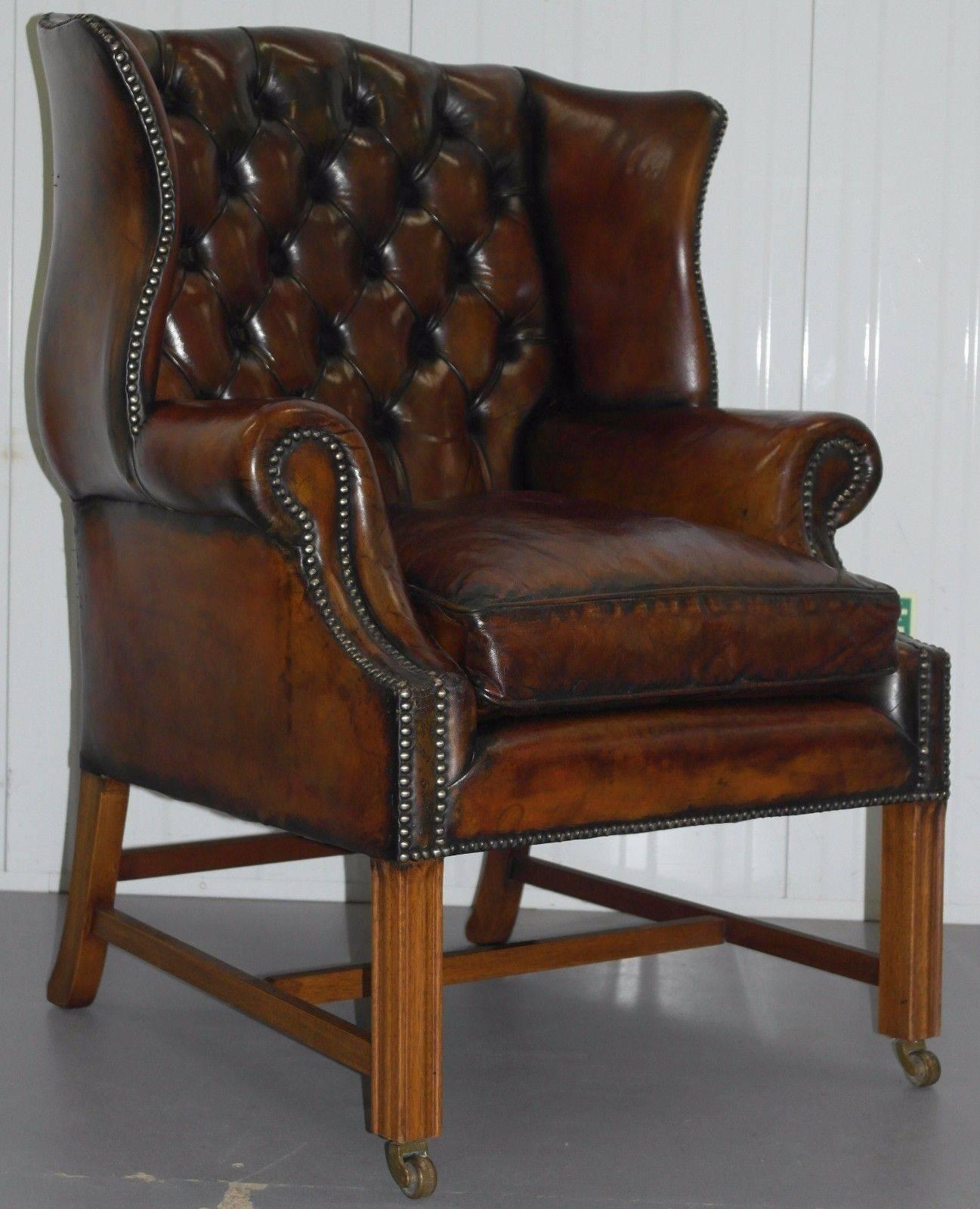 Victorian Restored 1960s Georgian Framed Chesterfield Whiskey Leather Wingback Armchair