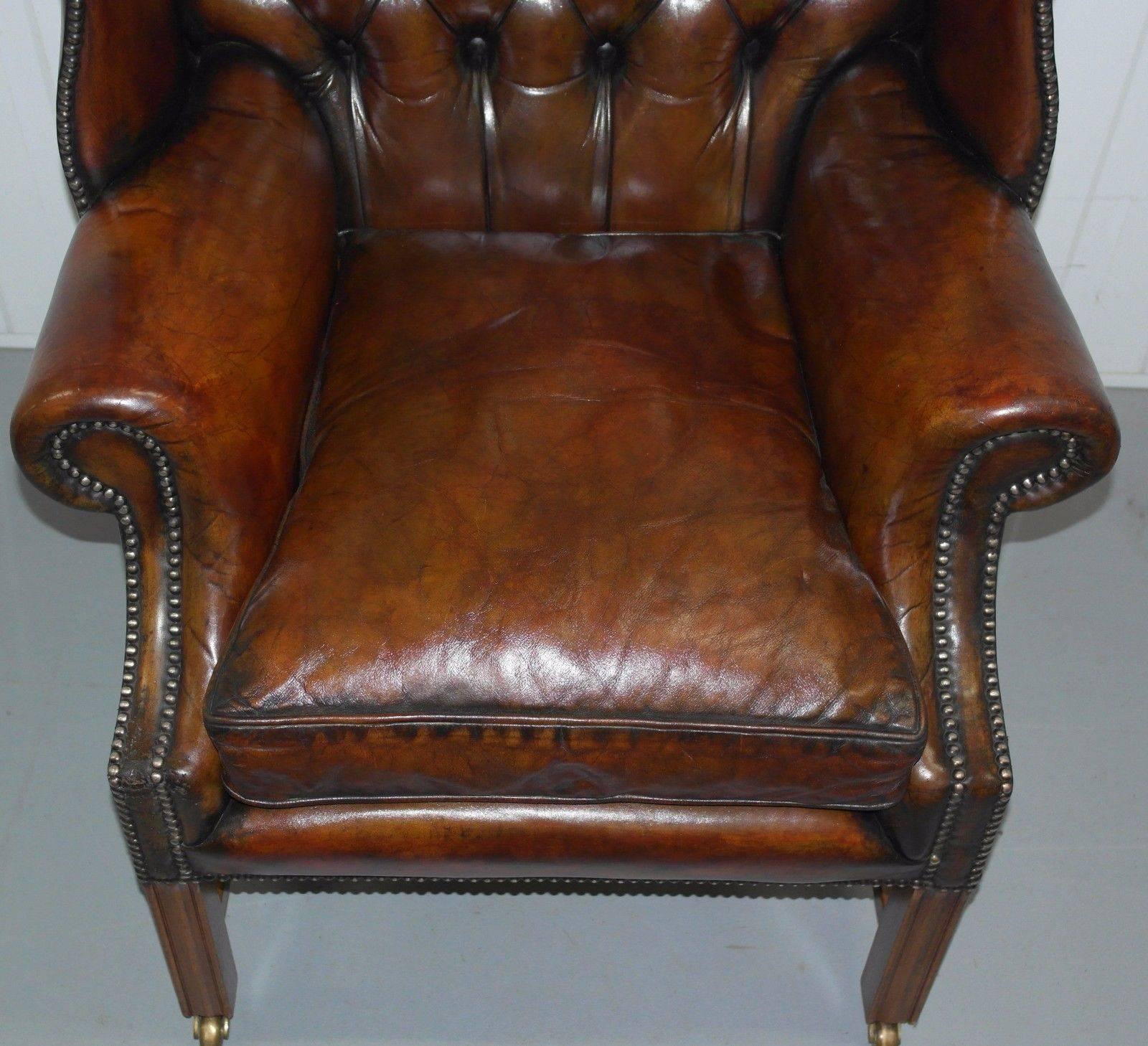 British Restored 1960s Georgian Framed Chesterfield Whiskey Leather Wingback Armchair
