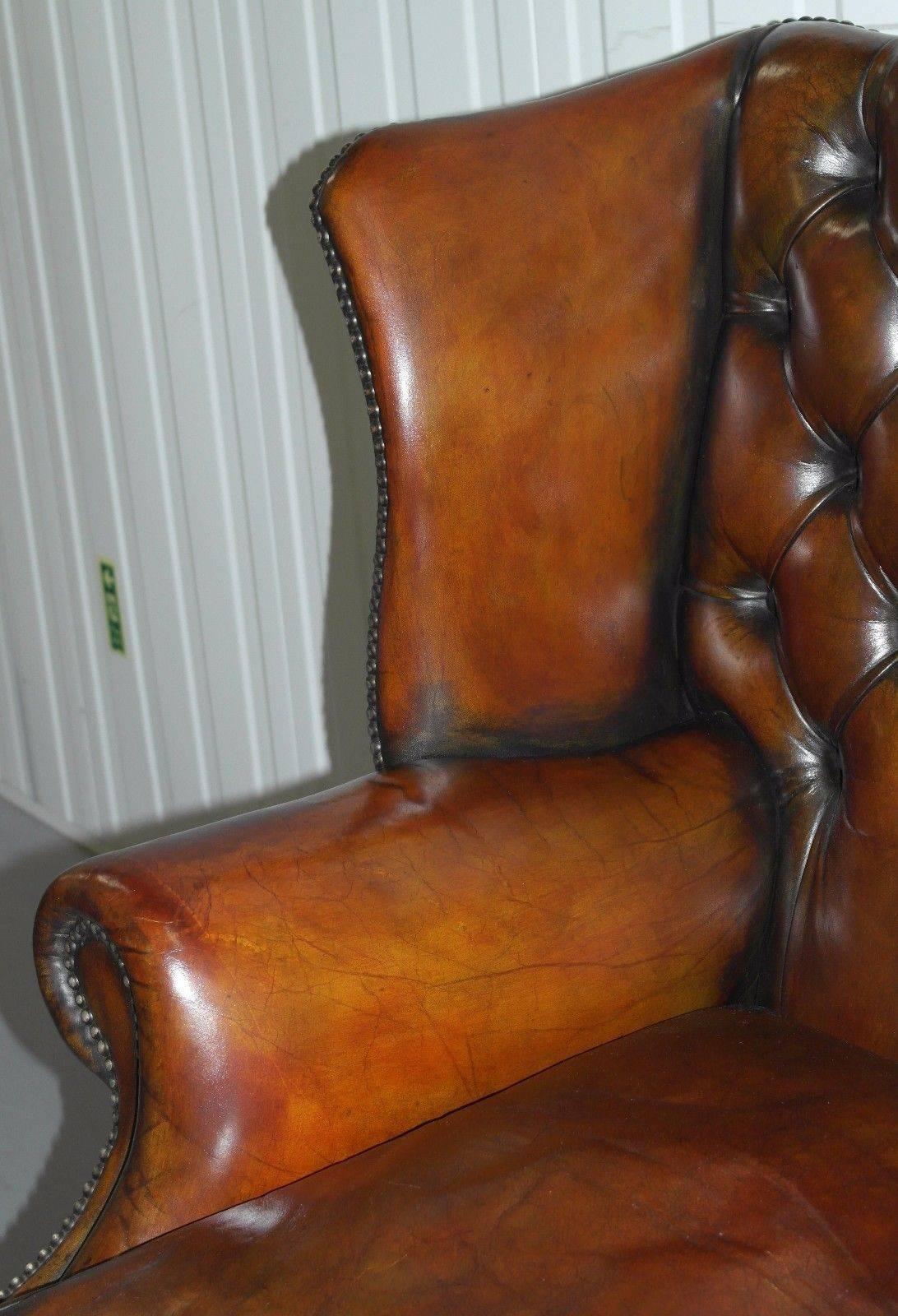 Hand-Crafted Restored 1960s Georgian Framed Chesterfield Whiskey Leather Wingback Armchair