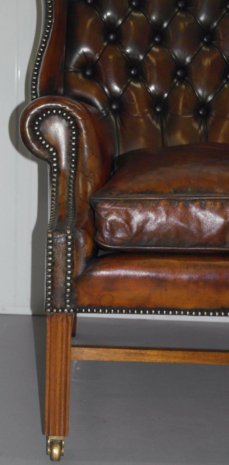 Mid-20th Century Restored 1960s Georgian Framed Chesterfield Whiskey Leather Wingback Armchair