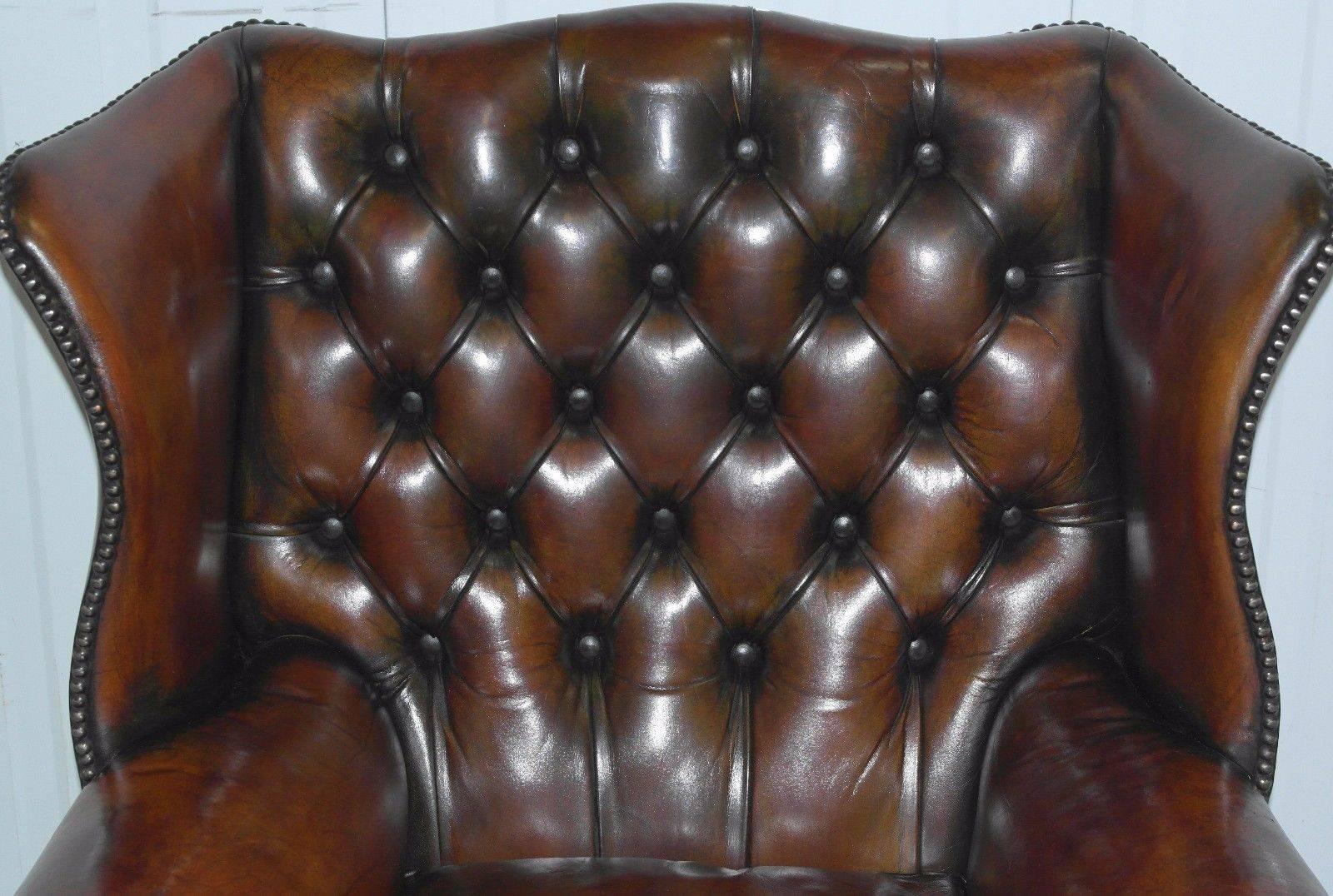 Restored 1960s Georgian Framed Chesterfield Whiskey Leather Wingback Armchair 1