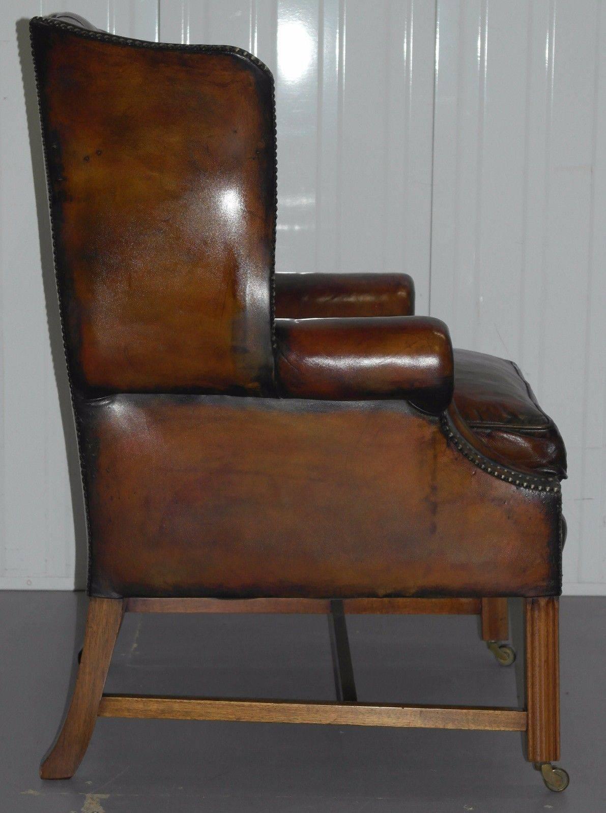 Restored 1960s Georgian Framed Chesterfield Whiskey Leather Wingback Armchair 2