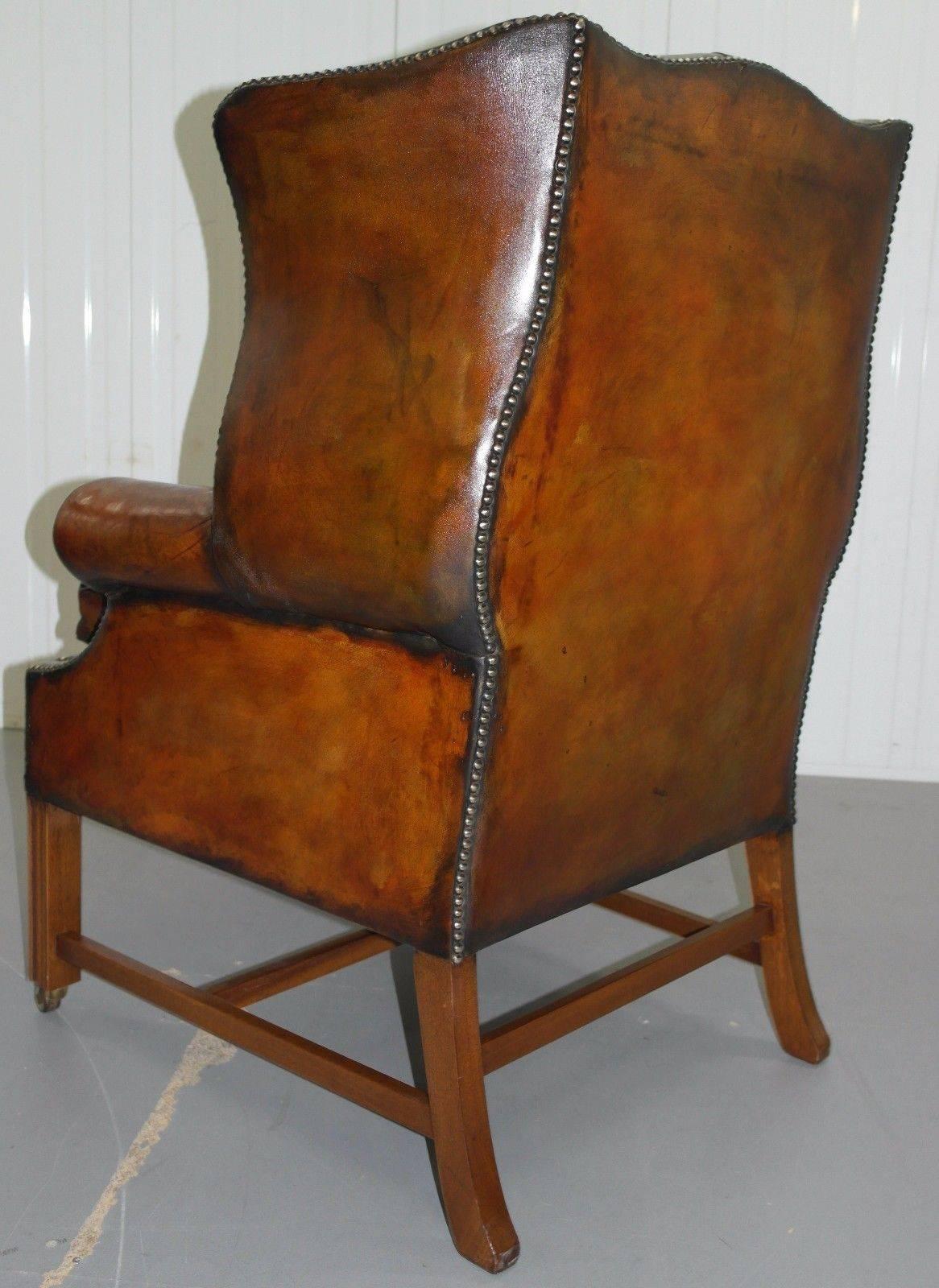 Restored 1960s Georgian Framed Chesterfield Whiskey Leather Wingback Armchair 3