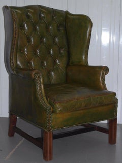 Georgian Chesterfield Aged Green Leather Wingback Fireside Armchair, George III
