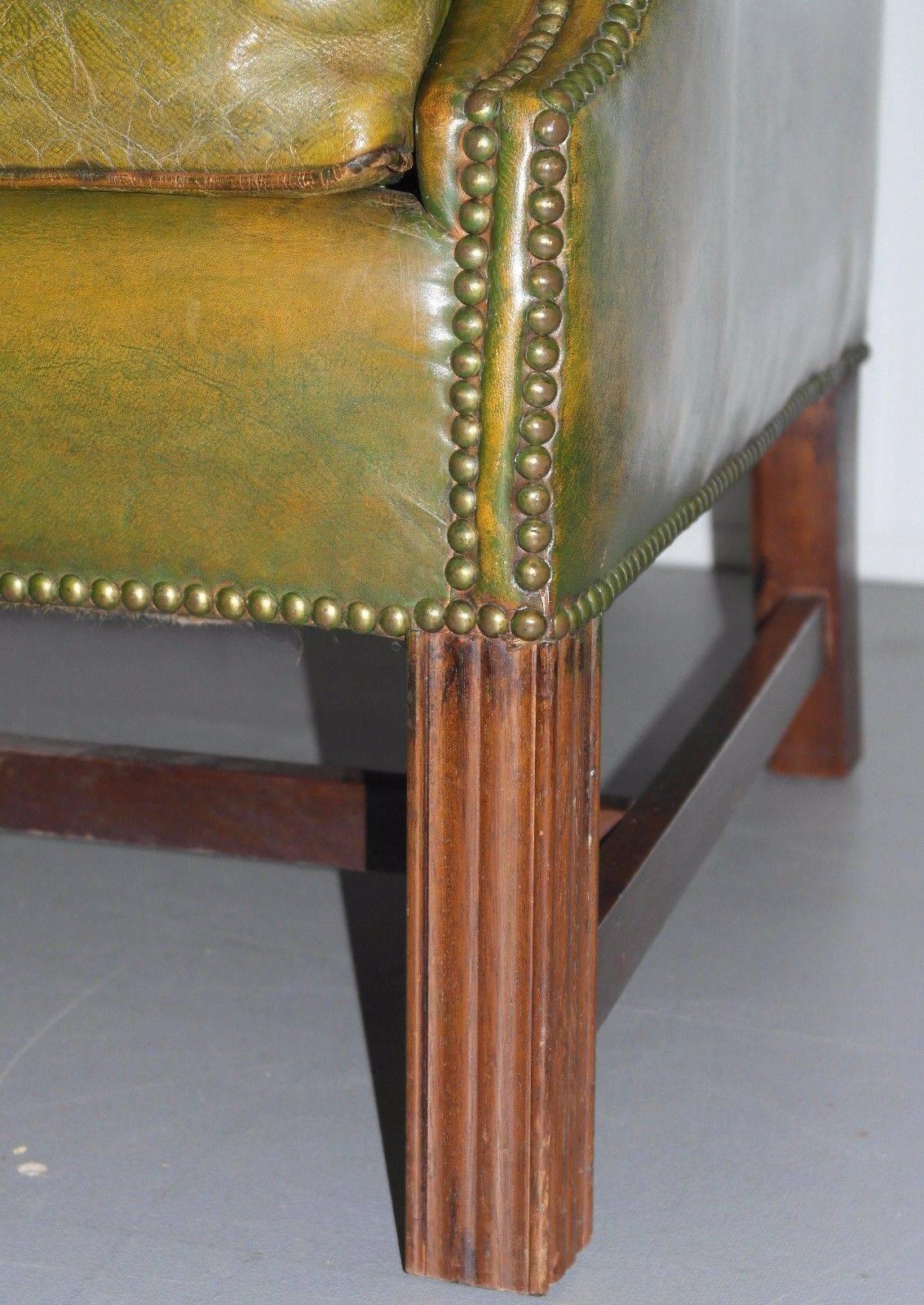 Hand-Carved Georgian Chesterfield Aged Green Leather Wingback Fireside Armchair, George III