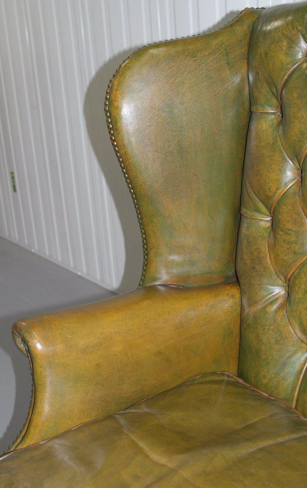 19th Century Georgian Chesterfield Aged Green Leather Wingback Fireside Armchair, George III
