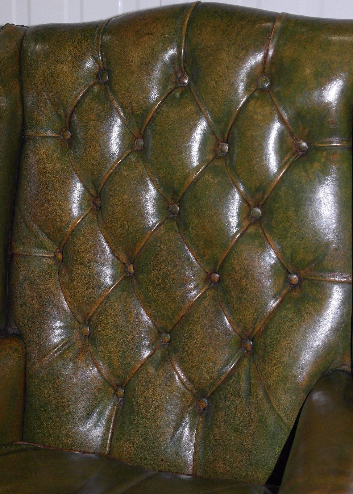Georgian Chesterfield Aged Green Leather Wingback Fireside Armchair, George III 1