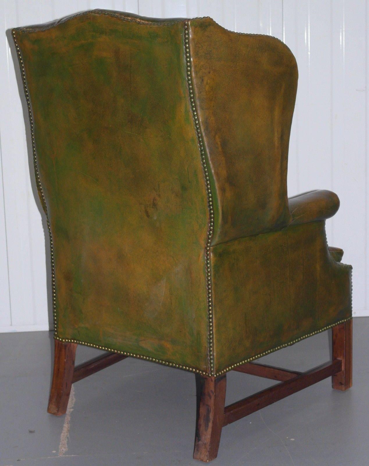 Georgian Chesterfield Aged Green Leather Wingback Fireside Armchair, George III 2